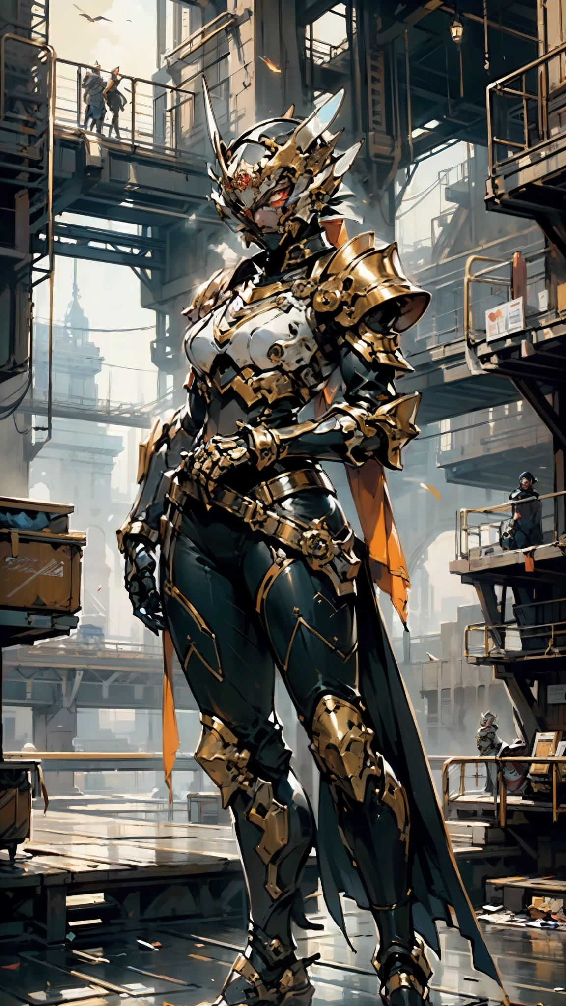 A woman adorned in fantasy-style full-body armor, a crown-concept fully enclosed helmet that unveils only her eyes, a composite layered chest plate, fully encompassing shoulder and hand guards, a lightweight waist armor, form-fitting shin guards, the overall design is heavy-duty yet flexible, (the armor gleams with a golden glow, complemented by red and blue accents), exhibiting a noble aura, she floats above a fantasy-surreal high-tech city, this character embodies a finely crafted fantasy-surreal style armored hero in anime style, exquisite and mature manga art style, (mixture of Queen bee and Spider concept Armor, plasma), ((Element, elegant, goddess, femminine:1.5)), metallic, high definition, best quality, highres, ultra-detailed, ultra-fine painting, extremely delicate, professional, anatomically correct, symmetrical face, extremely detailed eyes and face, high quality eyes, creativity, RAW photo, UHD, 32k, Natural light, cinematic lighting, masterpiece-anatomy-perfect, masterpiece:1.5
