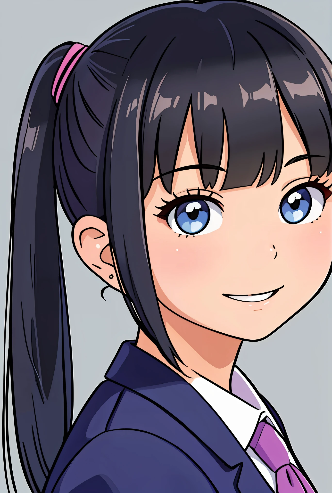 best quality ,masterpiece, 1 girl, blunt bangs, side ponytail, face focus, portrait , view straight on, smile, no background , school uniform, Flat Design