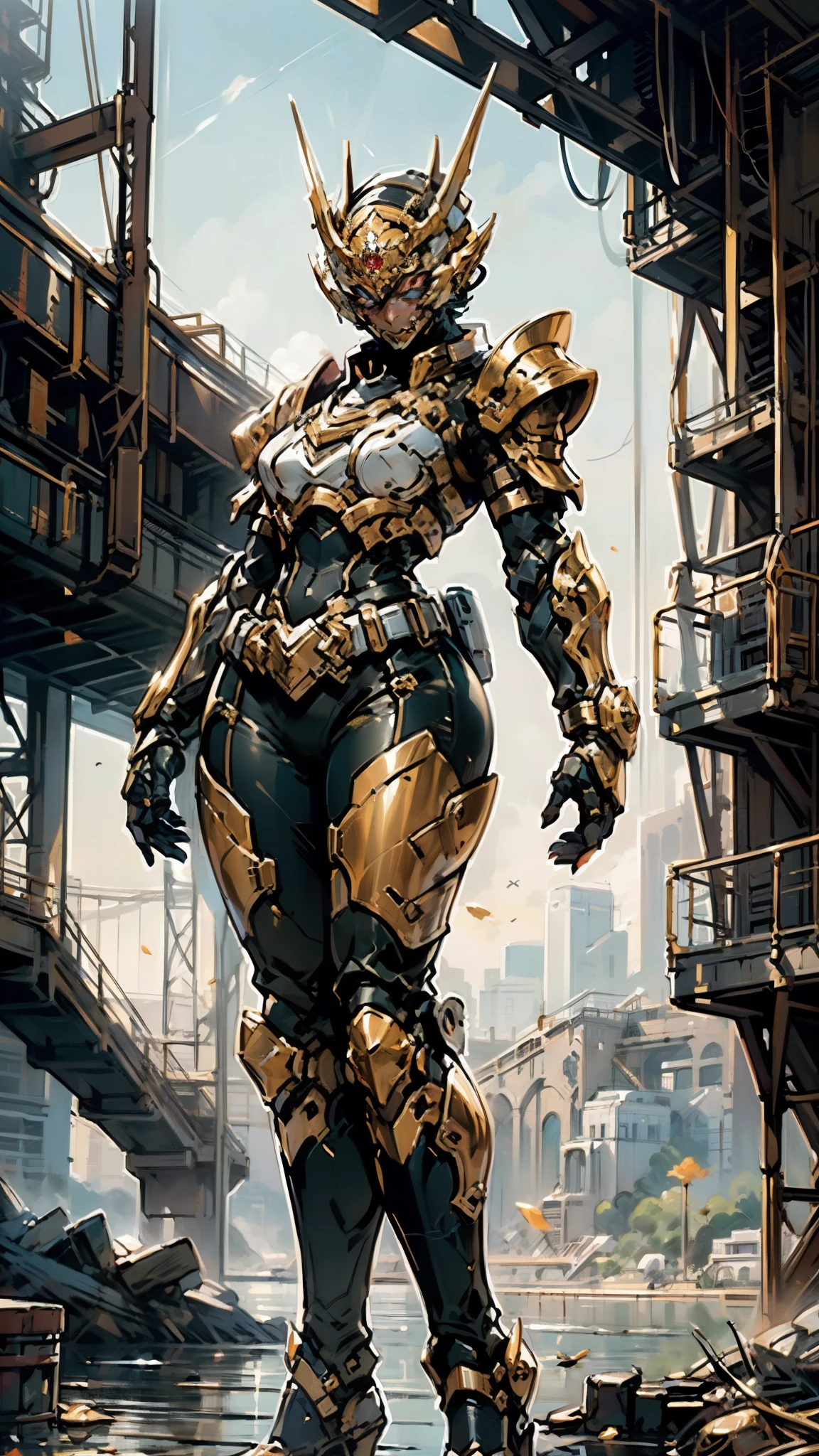 A woman adorned in fantasy-style full-body armor, a crown-concept fully enclosed helmet that unveils only her eyes, a composite layered chest plate, fully encompassing shoulder and hand guards, a lightweight waist armor, form-fitting shin guards, the overall design is heavy-duty yet flexible, (the armor gleams with a golden glow, complemented by red and blue accents), exhibiting a noble aura, she floats above a fantasy-surreal high-tech city, this character embodies a finely crafted fantasy-surreal style armored hero in anime style, exquisite and mature manga art style, (mixture of Queen bee and Spider concept Armor, plasma), ((Element, elegant, goddess, femminine:1.5)), metallic, high definition, best quality, highres, ultra-detailed, ultra-fine painting, extremely delicate, professional, anatomically correct, symmetrical face, extremely detailed eyes and face, high quality eyes, creativity, RAW photo, UHD, 32k, Natural light, cinematic lighting, masterpiece-anatomy-perfect, masterpiece:1.5