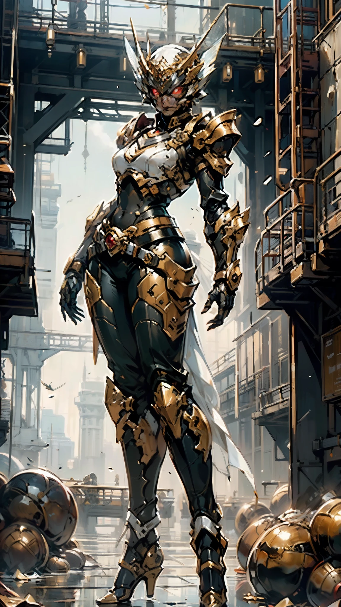 A woman adorned in fantasy-style full-body armor, a crown-concept fully enclosed helmet that unveils only her eyes, a composite layered chest plate, fully encompassing shoulder and hand guards, a lightweight waist armor, form-fitting shin guards, the overall design is heavy-duty yet flexible, (the armor gleams with a golden glow, complemented by red and blue accents), exhibiting a noble aura, she floats above a fantasy-surreal high-tech city, this character embodies a finely crafted fantasy-surreal style armored hero in anime style, exquisite and mature manga art style, (mixture of Queen bee and Spider concept Armor, plasma), ((Element, elegant, goddess, femminine:1.5)), metallic, high definition, best quality, highres, ultra-detailed, ultra-fine painting, extremely delicate, professional, anatomically correct, symmetrical face, extremely detailed eyes and face, high quality eyes, creativity, RAW photo, UHD, 32k, Natural light, cinematic lighting, masterpiece-anatomy-perfect, masterpiece:1.5