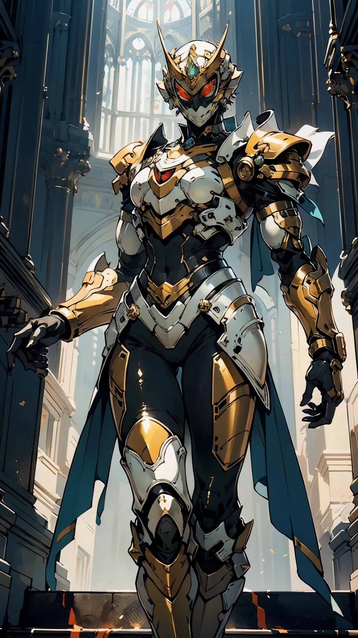 A woman adorned in fantasy-style full-body armor, a crown-concept fully enclosed helmet that unveils only her eyes, a composite layered chest plate, fully encompassing shoulder and hand guards, a lightweight waist armor, form-fitting shin guards, the overall design is heavy-duty yet flexible, (the armor gleams with a golden glow, complemented by red and blue accents), exhibiting a noble aura, she floats above a fantasy-surreal high-tech city, this character embodies a finely crafted fantasy-surreal style armored hero in anime style, exquisite and mature manga art style, (mixture of Queen bee and Spider concept Armor, plasma), ((Element, elegant, goddess, femminine:1.5)), metallic, high definition, best quality, highres, ultra-detailed, ultra-fine painting, extremely delicate, professional, anatomically correct, symmetrical face, extremely detailed eyes and face, high quality eyes, creativity, RAW photo, UHD, 32k, Natural light, cinematic lighting, masterpiece-anatomy-perfect, masterpiece:1.5