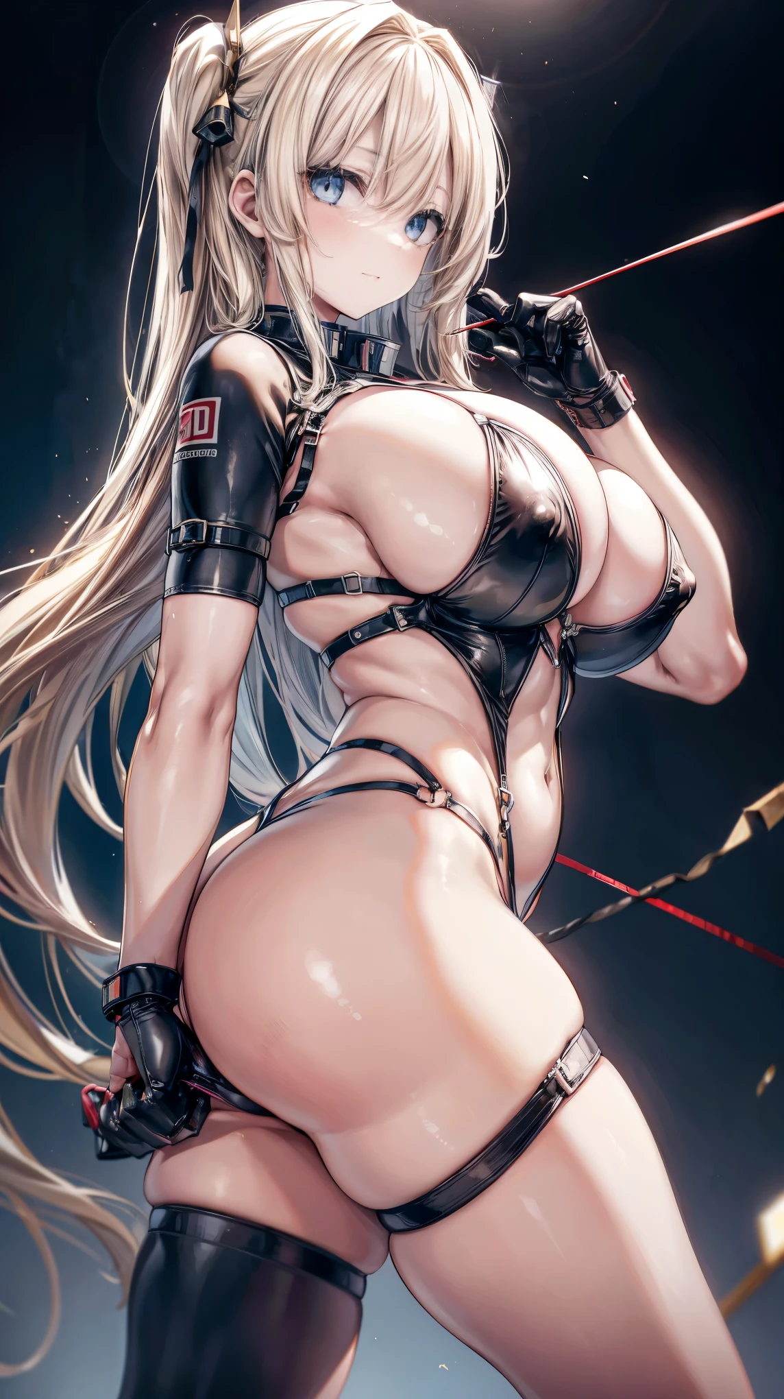 sensual, long blonde hair, thick thighs, 8K, 4K, highest quality, High resolution:1.2), cute anime face, noise reduction, shining blue eyes, gentle smile, kind eyes、toned abdominal muscles, muscular arms, muscular legs,  young face, anime eyes, (((big breasts、Breasts that are about to burst)))、(((Bondage style)))、(((Rear view、Turning around、emphasize the buttocks)))