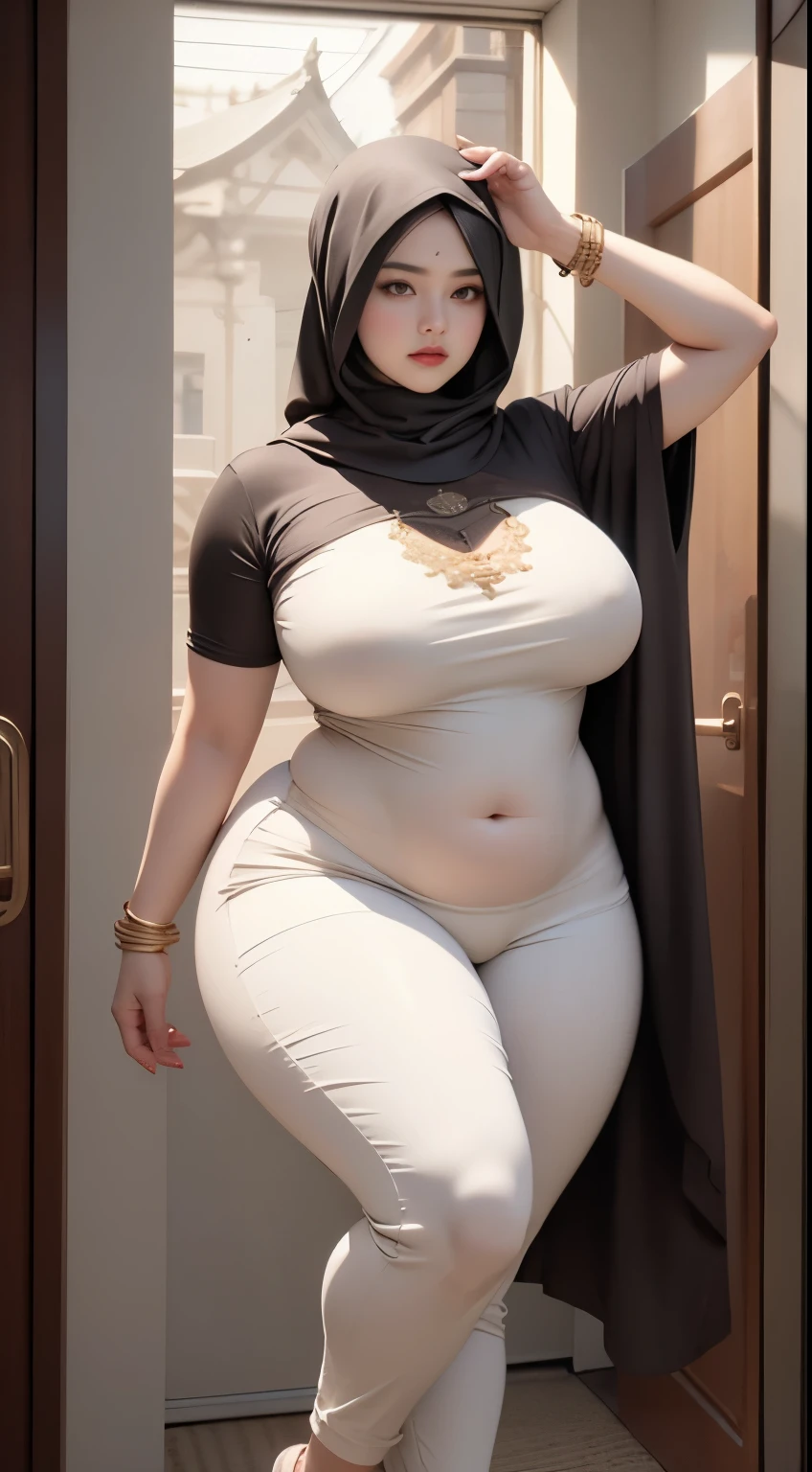 ((best quality)), ((masterpiece)), (detailed), perfect face, araffe woman thick and thight long pants posing for a picture, curvy model,, curvy hourglass figure, sexy longest hand t-shirt, thicc, beautiful full body shot, soft curvy shape, in a longest hand t-shirt, a beautiful woman open legs , bbwchan, , armpits, there is a old woman posing in a dark room with a maroon burka clothes , 43 years old, thick body, beautiful thick female, wide hips, thick legs, she has a jiggly fat round belly, thick thighs, curvy hourglass figure, thicc, curvy model, widest hips, hyperrealistic full figure, bbwchan, voluptuous body, thick, tattooed body, tattooed hands, hena on arm, hena in belly, Burka girl, muslim clothes, 43 years old woman. Burka chubby woman, chubby cheeks, wearing a sneakers, bob hairstyle, thick neck, short neck, there is a woman random pose red-brown hijab, bbwchan, thicc, brown hijab outfit, brown hijab fashion model, korean girl, korean woman, wearing brown robe, full length shot, alluring plus sized model, japanese goddess, clothed in hooded, voluptuous and arousing, portrait shot, curvy model, voluptuous body, wonderful, nene tanaka body , bbwchan, The overall atmosphere is smooth , haunting illustrations, extremely high-resolution details, photographic, realism pushed to extreme, fine texture, 4k, ultra-detailed, high quality, high contrast, red sneakers , cold atmosphere ,, 8k resolution , ultra-detailed resolution , wearing long thight pants, random pose with full body , full body, diamond necklace , wearing a watch , thick arm, thick cheeks , wearing a gold Bracelet