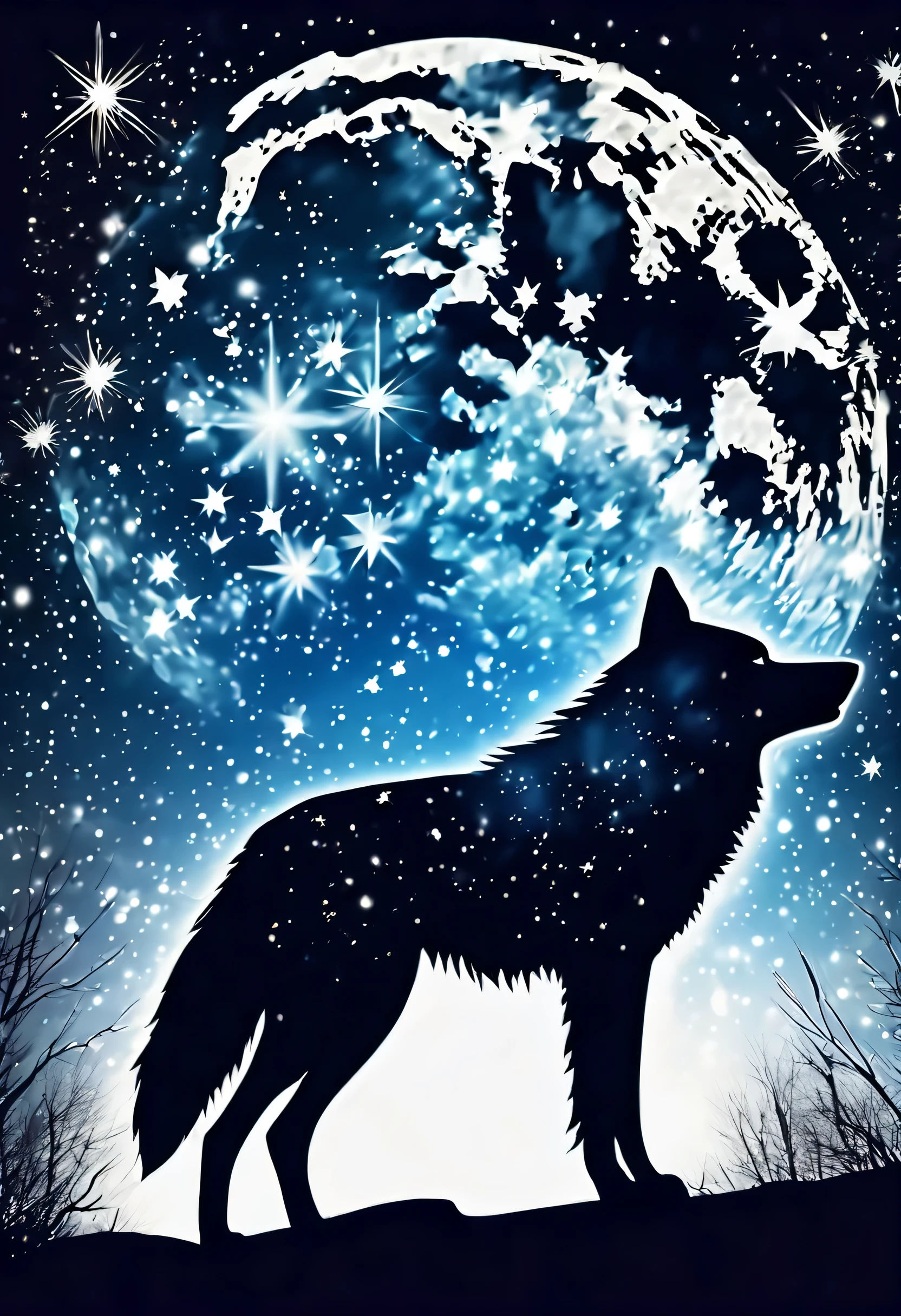 Against the background of disappearing stars and stars that are beginning to shine, very beautiful profile, The high moonlight is like a cool wolf, super detailed illustrations, stunning grunge coating,