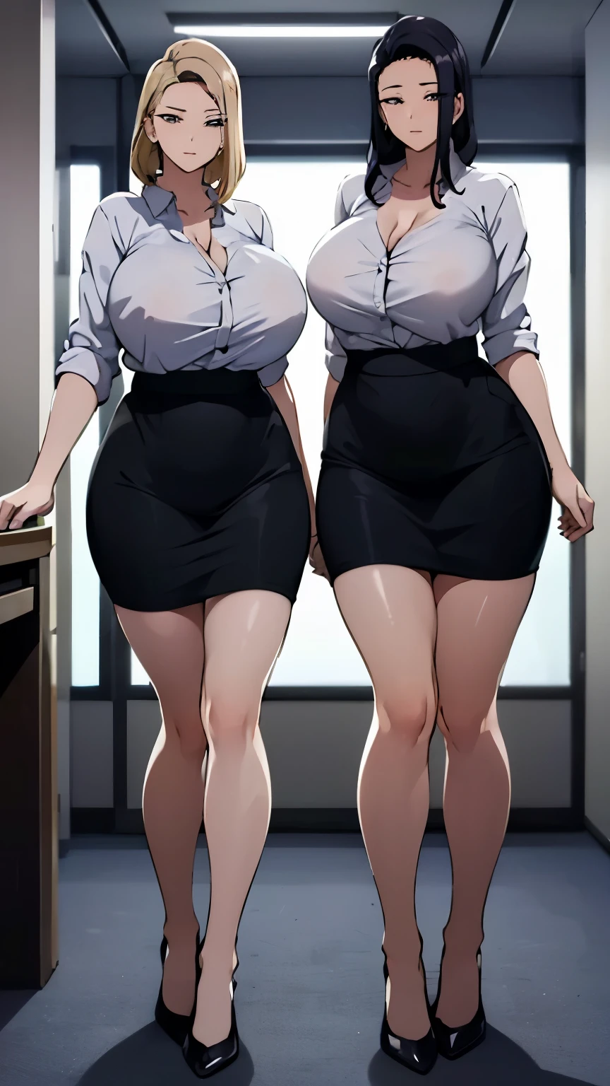 two beautiful ladies with one have short black ang other one blonde hair wearing short pencil skirt and white shirt showing cleavage with and sexy long leg standing look at camera in the office