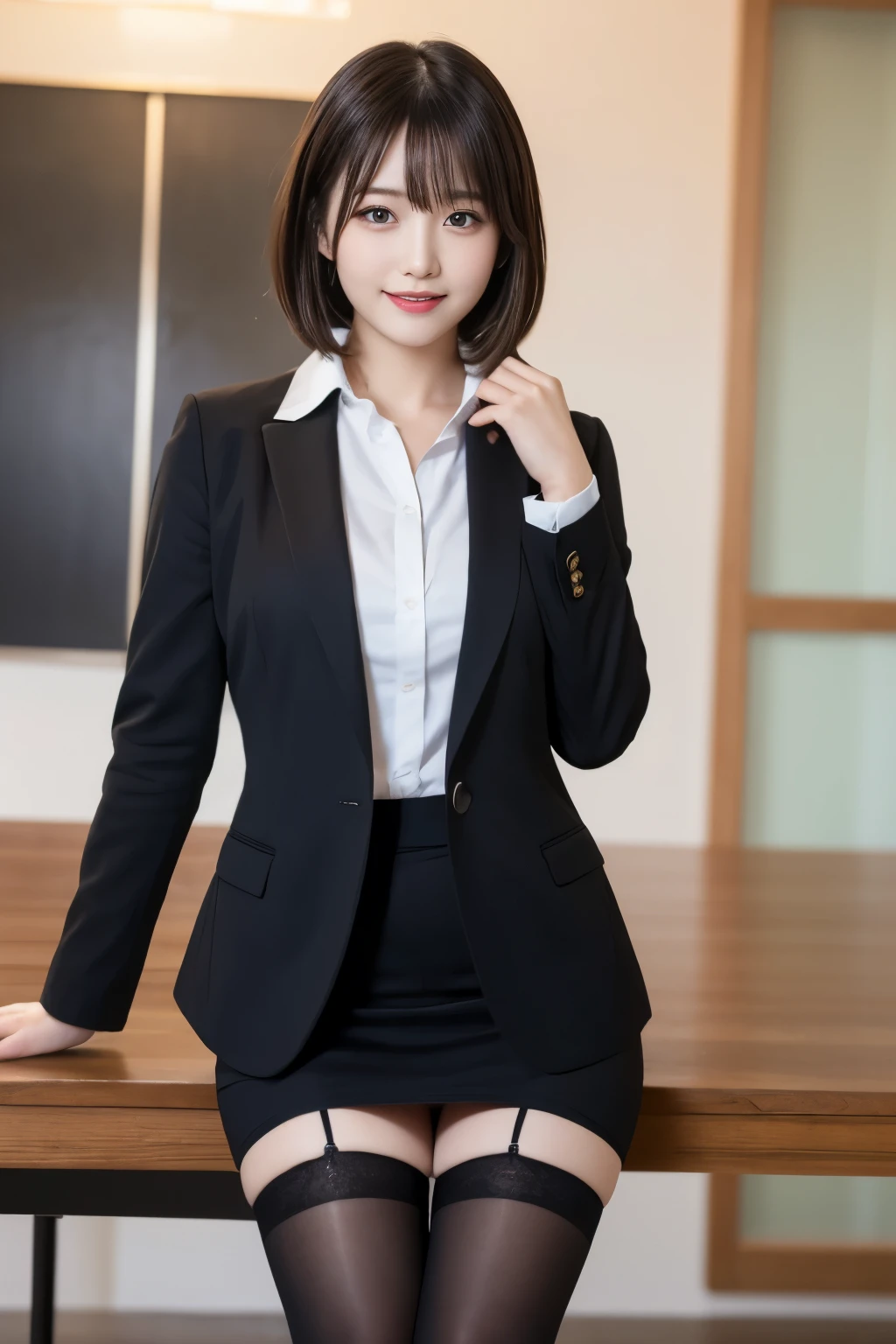 table top, highest quality, figure, super detailed, finely, High resolution, 8k wallpaper,short hair、 完璧なダイナミックな構figure, beautiful and fine eyes, business suit,natural color lip, smile、18 year old girl,Wearing black tights and stockings、plump thighs、shortcut