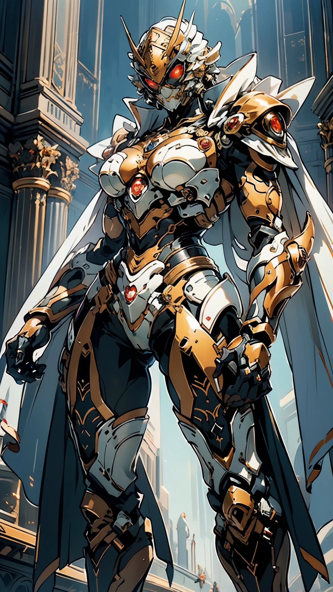 A woman adorned in fantasy-style full-body armor, a crown-concept fully enclosed helmet that unveils only her eyes, a composite layered chest plate, fully encompassing shoulder and hand guards, a lightweight waist armor, form-fitting shin guards, the overall design is heavy-duty yet flexible, (the armor gleams with a golden glow, complemented by red and blue accents), exhibiting a noble aura, she floats above a fantasy-surreal high-tech city, this character embodies a finely crafted fantasy-surreal style armored hero in anime style, exquisite and mature manga art style, (mixture of Queen bee and Spider concept Armor, plasma), ((Element, elegant, goddess, femminine:1.5)), metallic, high definition, best quality, highres, ultra-detailed, ultra-fine painting, extremely delicate, professional, anatomically correct, symmetrical face, extremely detailed eyes and face, high quality eyes, creativity, RAW photo, UHD, 32k, Natural light, cinematic lighting, masterpiece-anatomy-perfect, masterpiece:1.5
