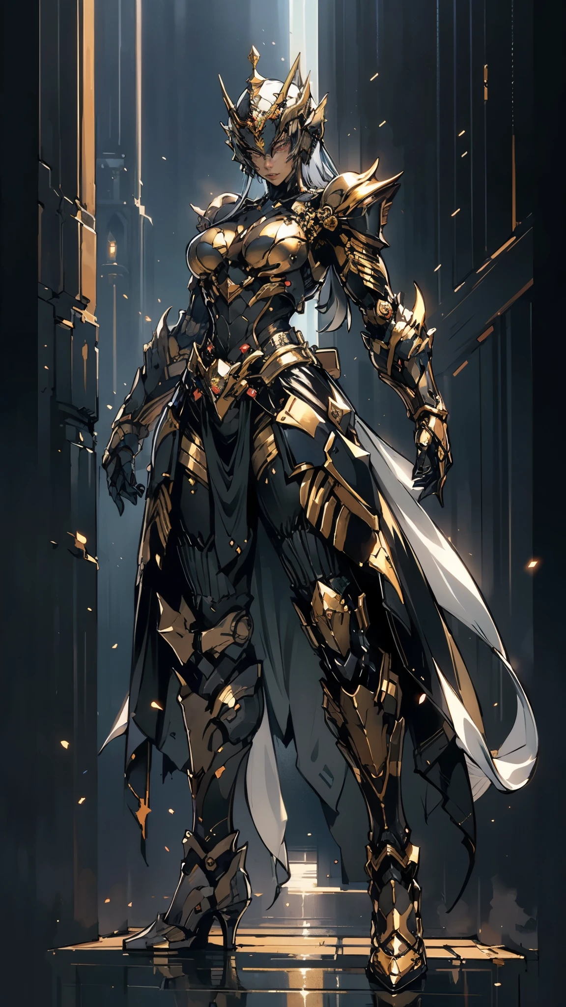 A woman adorned in fantasy-style full-body armor, a crown-concept fully enclosed helmet that unveils only her eyes, a composite layered chest plate, fully encompassing shoulder and hand guards, a lightweight waist armor, form-fitting shin guards, the overall design is heavy-duty yet flexible, (the armor gleams with a golden glow, complemented by red and blue accents), exhibiting a noble aura, she floats above a fantasy-surreal high-tech city, this character embodies a finely crafted fantasy-surreal style armored hero in anime style, exquisite and mature manga art style, (mixture of Queen bee and Spider concept Armor, plasma), ((Element, elegant, goddess, femminine:1.5)), metallic, high definition, best quality, highres, ultra-detailed, ultra-fine painting, extremely delicate, professional, anatomically correct, symmetrical face, extremely detailed eyes and face, high quality eyes, creativity, RAW photo, UHD, 32k, Natural light, cinematic lighting, masterpiece-anatomy-perfect, masterpiece:1.5