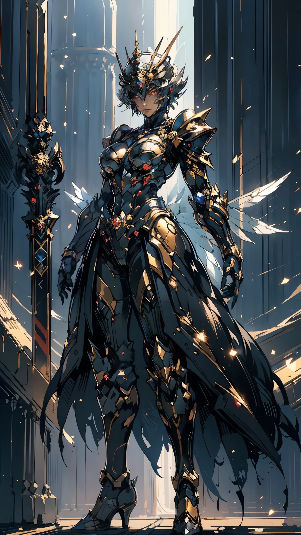 A woman adorned in fantasy-style full-body armor, a crown-concept fully enclosed helmet that unveils only her eyes, a composite layered chest plate, fully encompassing shoulder and hand guards, a lightweight waist armor, form-fitting shin guards, the overall design is heavy-duty yet flexible, (the armor gleams with a golden glow, complemented by red and blue accents), exhibiting a noble aura, she floats above a fantasy-surreal high-tech city, this character embodies a finely crafted fantasy-surreal style armored hero in anime style, exquisite and mature manga art style, (mixture of Queen bee and Spider concept Armor, plasma), ((Element, elegant, goddess, femminine:1.5)), metallic, high definition, best quality, highres, ultra-detailed, ultra-fine painting, extremely delicate, professional, anatomically correct, symmetrical face, extremely detailed eyes and face, high quality eyes, creativity, RAW photo, UHD, 32k, Natural light, cinematic lighting, masterpiece-anatomy-perfect, masterpiece:1.5