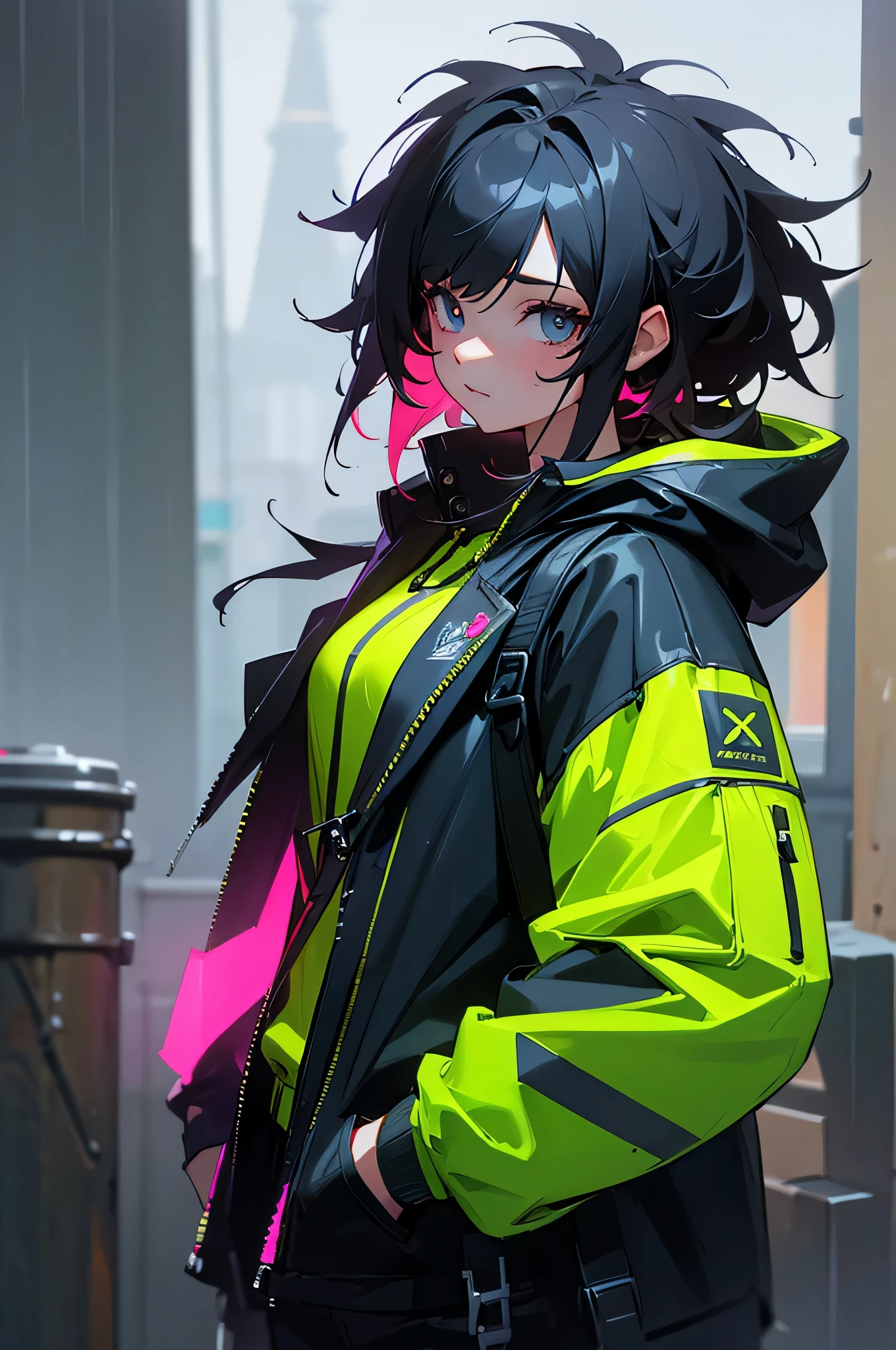 1girl, jacket, rain, outdoor, hoodie, open jacket, neon,chain, backpack, looking at another, messy hair, trending on artstation, 8k resolution, highly detailed, anatomically correct, sharp image, digital painting, concept art, trending on pixiv, style of