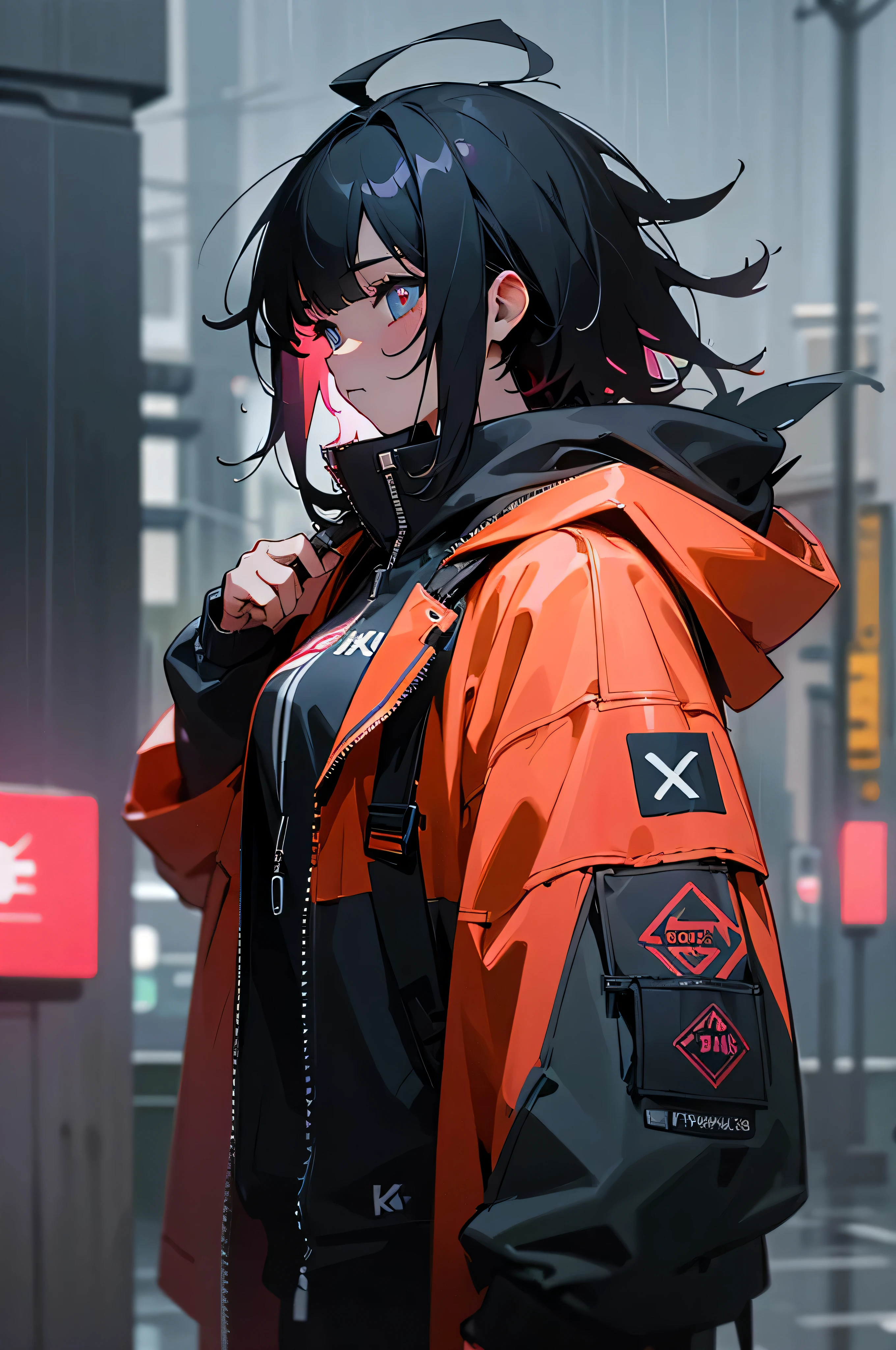1girl, jacket, rain, outdoor, hoodie, open jacket, neon,chain, backpack, looking at another, neon, messy hair, trending on artstation, 8k resolution, highly detailed, anatomically correct, sharp image, digital painting, concept art, trending on pixiv, style of 