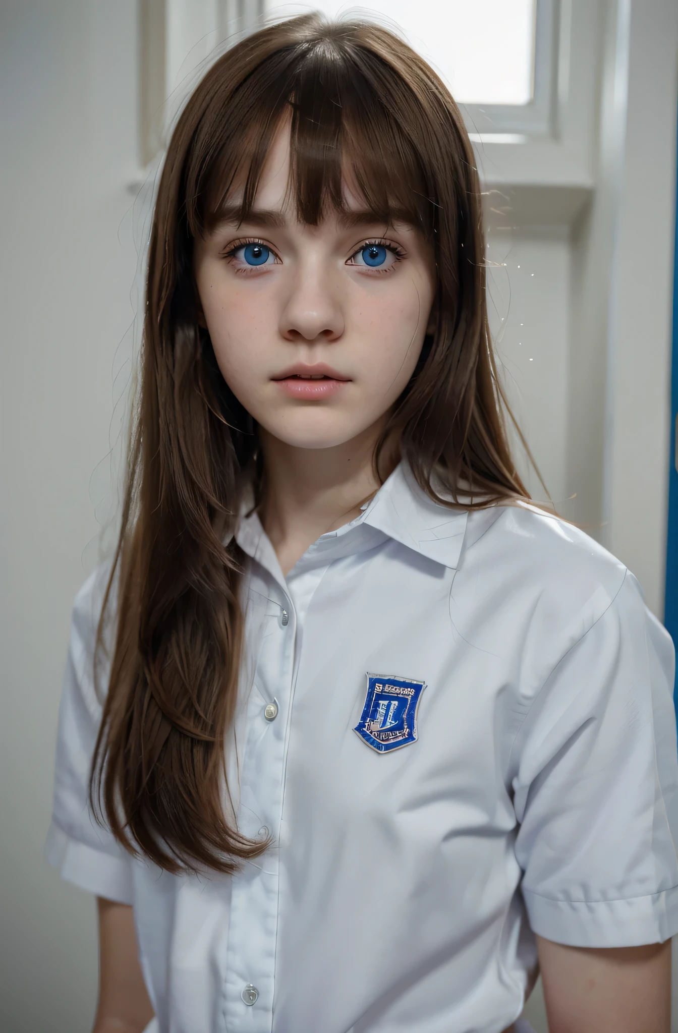 (Mejor calidad,hyper realistic,ultra detallado,8K), adolescente, Fifteen years old, shy, triste, palidez, grandes ojos azules, piel muy blanca, small nose, medium-length brown hair with bangs, melancholia, Hermoso uniforme escolar.