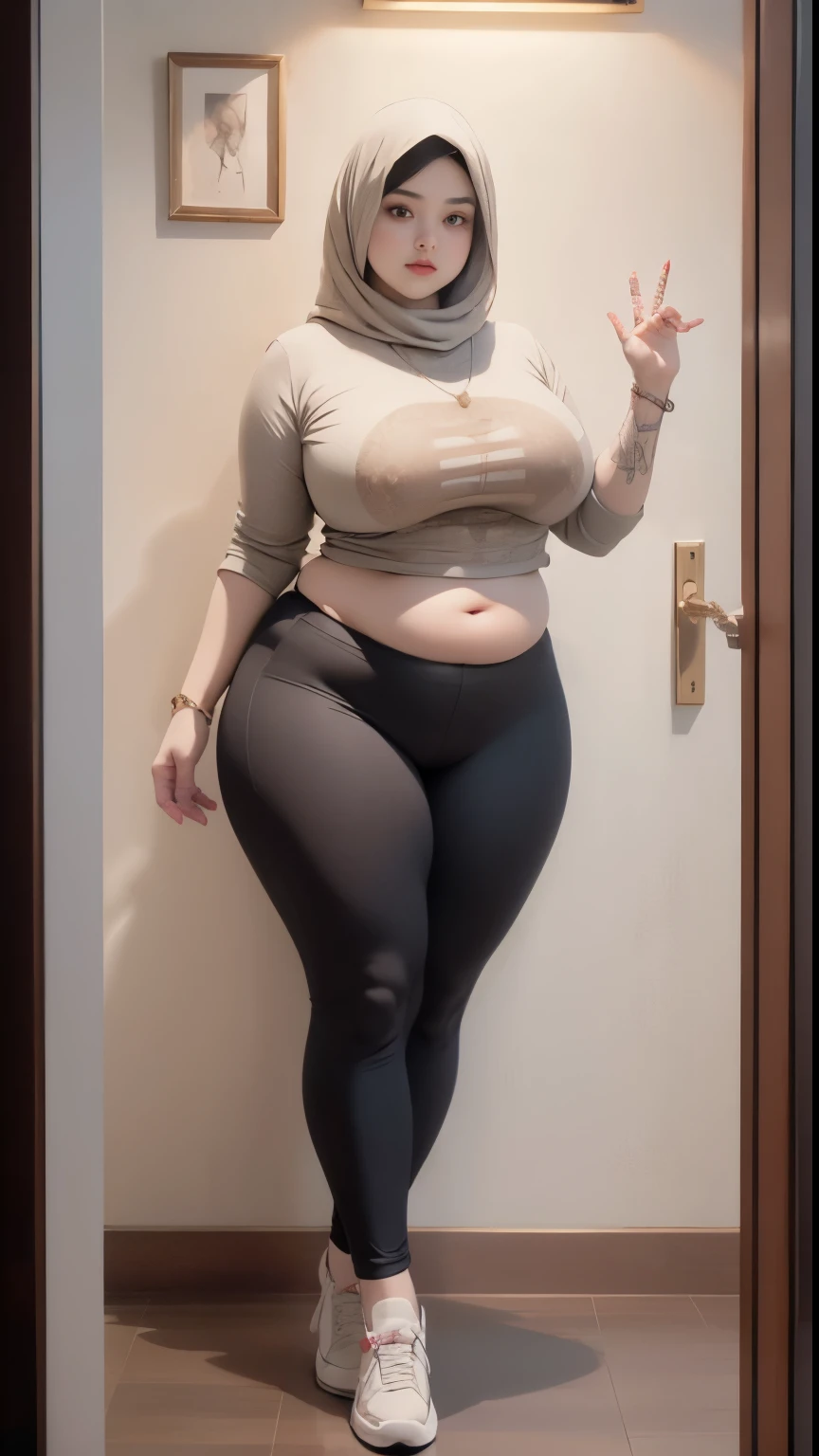 ((best quality)), ((masterpiece)), (detailed), perfect face, araffe woman thick and thight long pants posing for a picture, curvy model,, curvy hourglass figure, sexy longest hand t-shirt, thicc, beautiful full body shot, soft curvy shape, in a longest hand t-shirt, a beautiful woman , bbwchan, , armpits, there is a old woman posing in a dark room with a maroon burka clothes , 43 years old, thick body, beautiful thick female, wide hips, thick legs, she has a jiggly fat round belly, thick thighs, curvy hourglass figure, thicc, curvy model, widest hips, hyperrealistic full figure, bbwchan, voluptuous body, thick, tattooed body, tattooed hands, hena on arm, hena in belly, Burka girl, muslim clothes, 43 years old woman. Burka chubby woman, chubby cheeks, wearing a sneakers, bob hairstyle, thick neck, short neck, there is a woman random pose red-brown hijab, bbwchan, thicc, brown hijab outfit, brown hijab fashion model, korean girl, korean woman, wearing brown robe, full length shot, alluring plus sized model, japanese goddess, clothed in hooded, voluptuous and arousing, portrait shot, curvy model, voluptuous body, wonderful, nene tanaka body , bbwchan, The overall atmosphere is smooth , haunting illustrations, extremely high-resolution details, photographic, realism pushed to extreme, fine texture, 4k, ultra-detailed, high quality, high contrast, red sneakers , cold atmosphere ,, 8k resolution , ultra-detailed resolution , wearing long thight pants, random pose with full body , full body, diamond necklace , wearing a watch , thick arm, thick cheeks , wearing a gold Bracelet