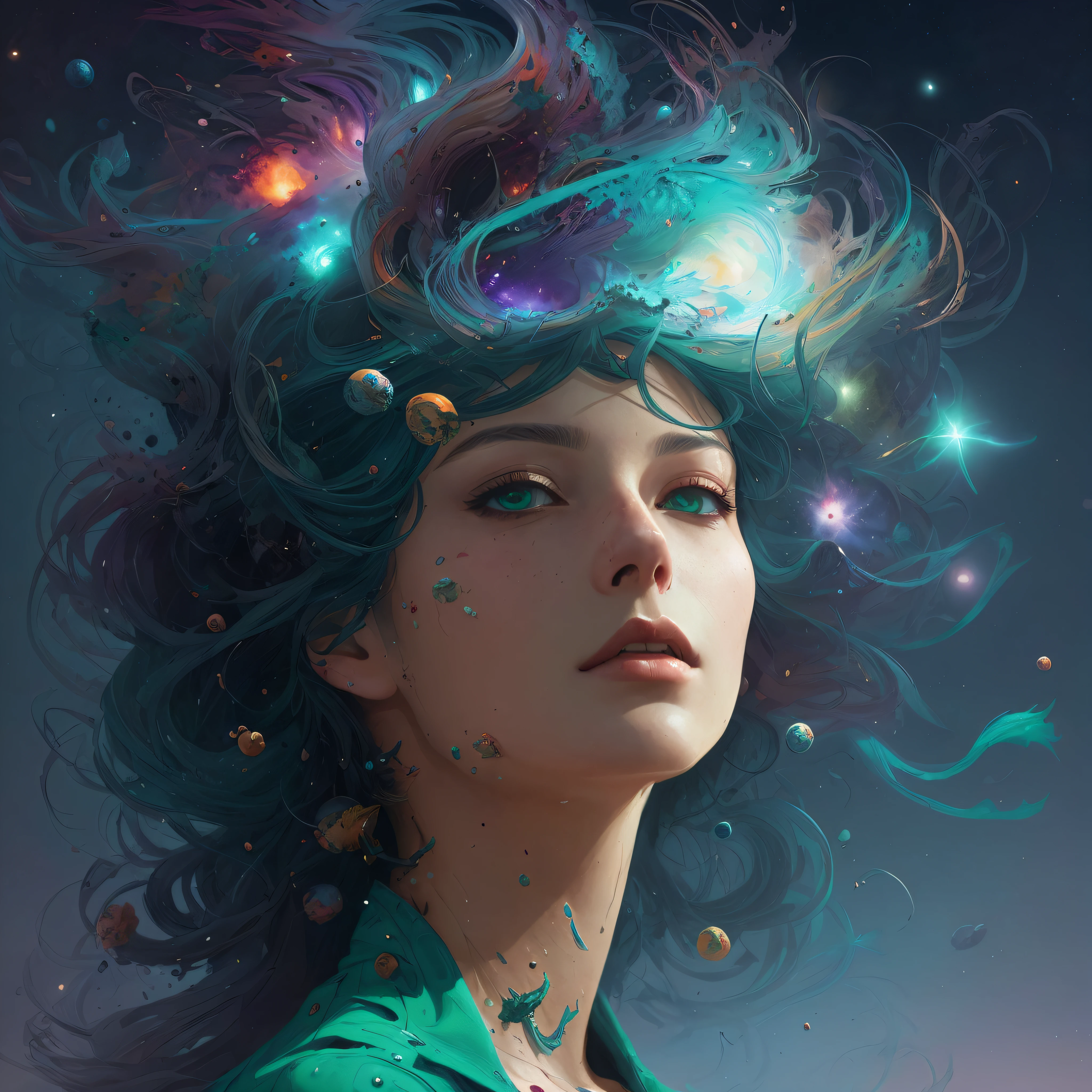 oeuvre d'Alberto Seveso, Modèle mystique Belle fille longs cheveux bleus ohos vert émeraude dans la nébuleuse de l'espace, peinture à l'eau, encre, fond d'espace cosmique, texture par Alberto Seveso, style de peinture lâche, détails complexes, éclairage cinématographique, rendu d'octane, rendu 8k, éclairage volumétrique, cosmos, L'espace profond, professional sinister art conceptuel, par artgerm et greg rutkowski, Un complexe, peinture numérique élégante et très détaillée, art conceptuel, mise au point douce et nette, Illustration, cinématographie, hyper détaillé, Super réaliste, à la manière de Simon Stalenhag, Wayne Barlowe et Igor Kieryluk