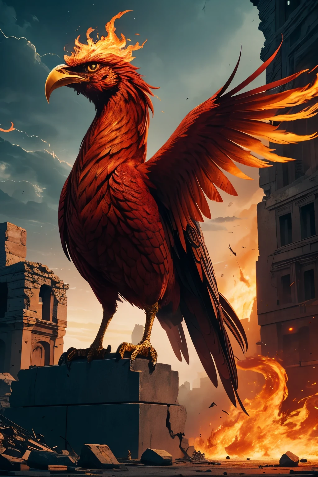 Behold an awe-inspiring, cinematic masterpiece, crafted through the innovative use of artificial intelligence. It portrays a fiery firebird, enveloped in a blaze of intense flames, standing proudly amidst the desolate ruins of an ancient civilization. The intricate details of the firebird's feathers, shimmering bright orange and red, are meticulously rendered, their texture capturing the modern, fractured, and surreal film-like style.
The dystopian backdrop showcases elaborate ancient architecture adorned with precious gems, their rich and rare hues contrasting against the dark, cracked stones of the crumbling ruins.