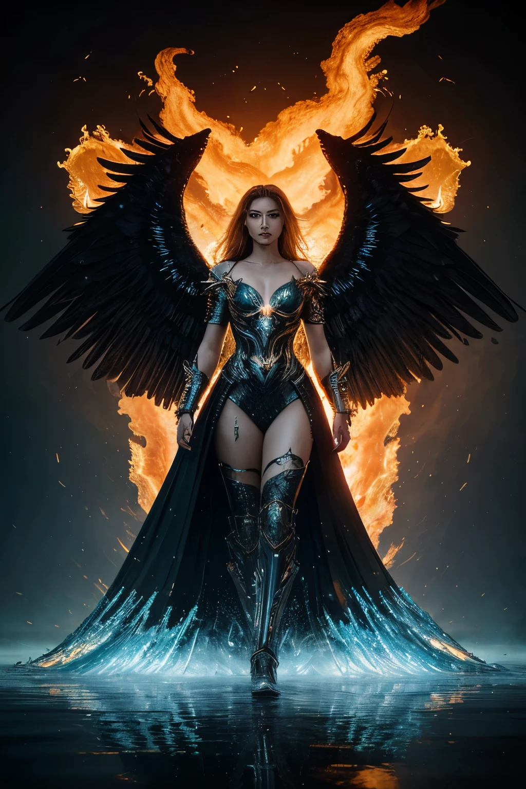 ((Exceptional Quality)), ((tmasterpiece)), ((Fidelity to reality)), This stunning image, crafted through artificial intelligence, presents a woman in armor, with a firebird enveloped in flames against a dystopian backdrop of ancient ruins, adorned with rare gems. The woman's armor shines with modern, futuristic details, reflecting the suturistic and dark cinematic style. The firebird's wings spread wide, engulfed in a sea of burning flames, creating a magnificent contrast against the cool, ancient ruins.

The complex details and reflections in the abundant sparkle of the water add to the sophistication and intricacy of