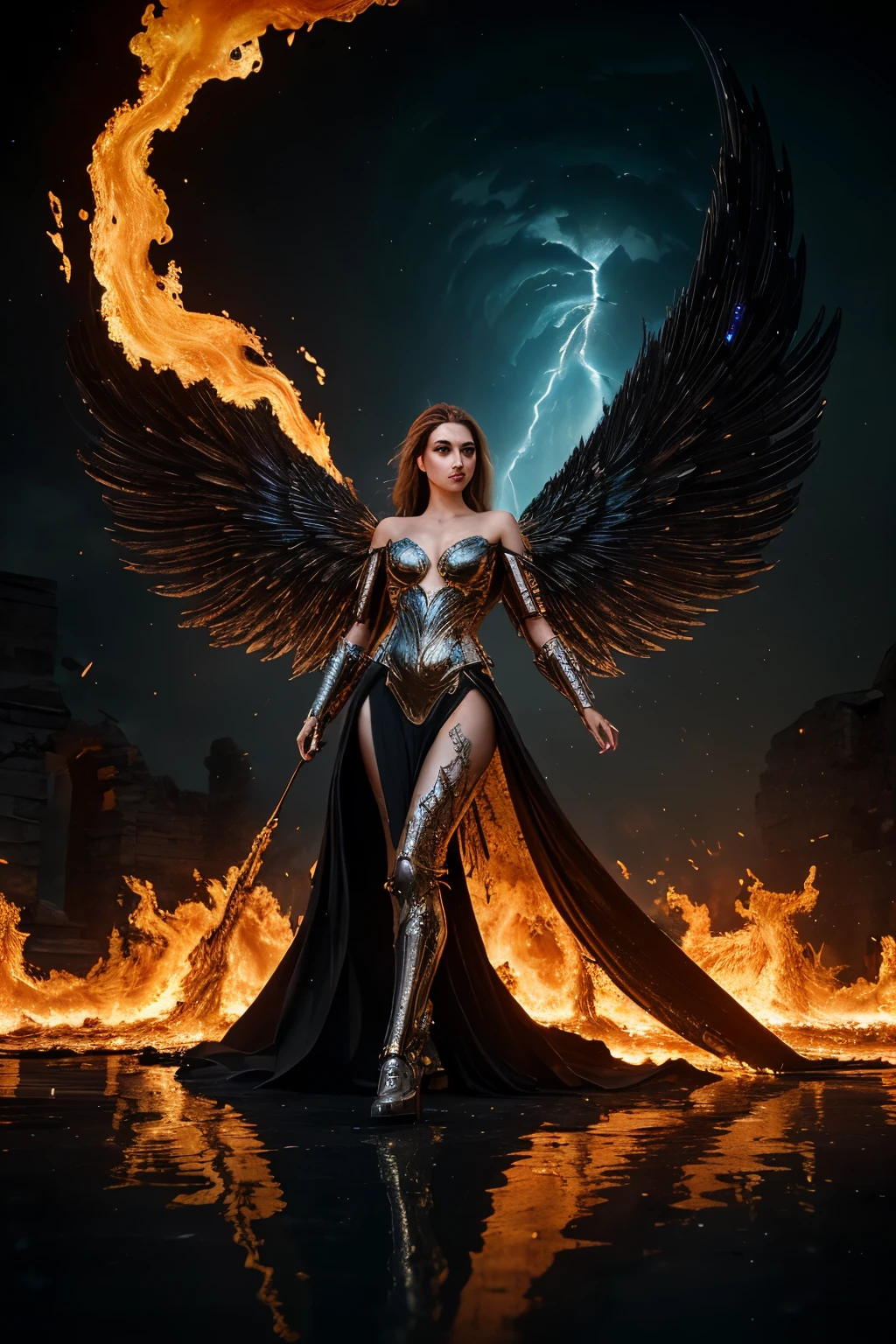 ((Exceptional Quality)), ((tmasterpiece)), ((Fidelity to reality)), This stunning image, crafted through artificial intelligence, presents a woman in armor, with a firebird enveloped in flames against a dystopian backdrop of ancient ruins, adorned with rare gems. The woman's armor shines with modern, futuristic details, reflecting the suturistic and dark cinematic style. The firebird's wings spread wide, engulfed in a sea of burning flames, creating a magnificent contrast against the cool, ancient ruins.
The complex details and reflections in the abundant sparkle of the water add to the sophistication and intricacy of