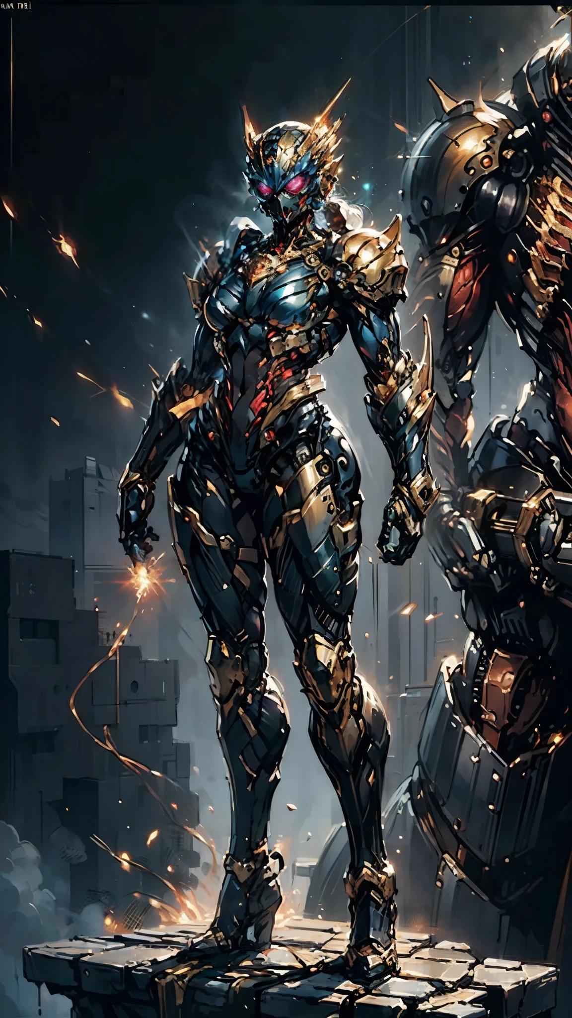 A woman adorned in fantasy-style full-body armor, a crown-concept fully enclosed helmet that unveils only her eyes, a composite layered chest plate, fully encompassing shoulder and hand guards, a lightweight waist armor, form-fitting shin guards, the overall design is heavy-duty yet flexible, (the armor gleams with a golden glow, complemented by red and blue accents), exhibiting a noble aura, she floats above a fantasy-surreal high-tech city, this character embodies a finely crafted fantasy-surreal style armored hero in anime style, exquisite and mature manga art style, (mixture of Queen bee and Spider concept Armor, plasma), ((Element, elegant, goddess, femminine:1.5)), metallic, high definition, best quality, highres, ultra-detailed, ultra-fine painting, extremely delicate, professional, anatomically correct, symmetrical face, extremely detailed eyes and face, high quality eyes, creativity, RAW photo, UHD, 32k, Natural light, cinematic lighting, masterpiece-anatomy-perfect, masterpiece:1.5
