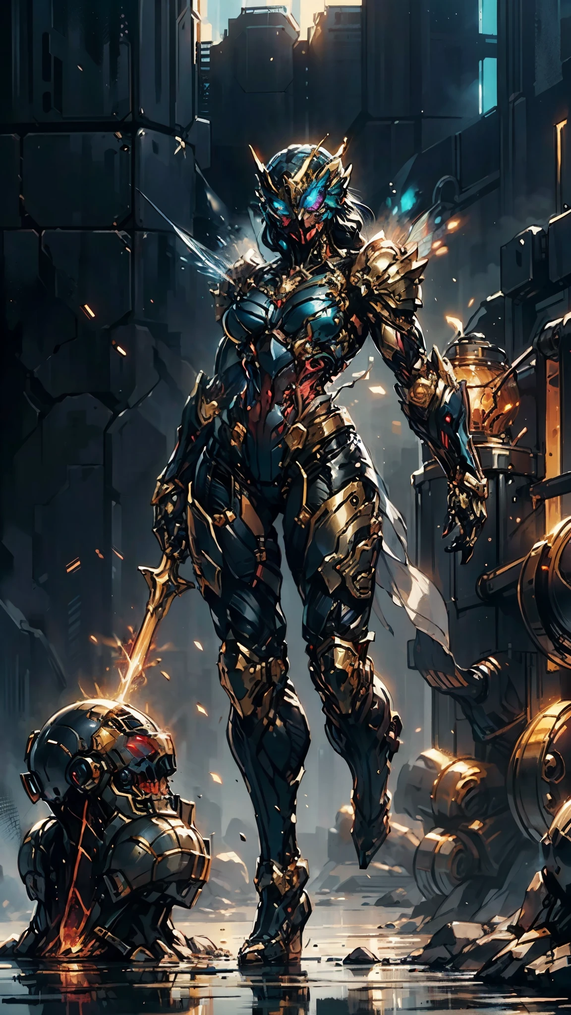 A woman adorned in fantasy-style full-body armor, a crown-concept fully enclosed helmet that unveils only her eyes, a composite layered chest plate, fully encompassing shoulder and hand guards, a lightweight waist armor, form-fitting shin guards, the overall design is heavy-duty yet flexible, (the armor gleams with a golden glow, complemented by red and blue accents), exhibiting a noble aura, she floats above a fantasy-surreal high-tech city, this character embodies a finely crafted fantasy-surreal style armored hero in anime style, exquisite and mature manga art style, (mixture of Queen bee and Spider concept Armor, plasma), ((Element, elegant, goddess, femminine:1.5)), metallic, high definition, best quality, highres, ultra-detailed, ultra-fine painting, extremely delicate, professional, anatomically correct, symmetrical face, extremely detailed eyes and face, high quality eyes, creativity, RAW photo, UHD, 32k, Natural light, cinematic lighting, masterpiece-anatomy-perfect, masterpiece:1.5
