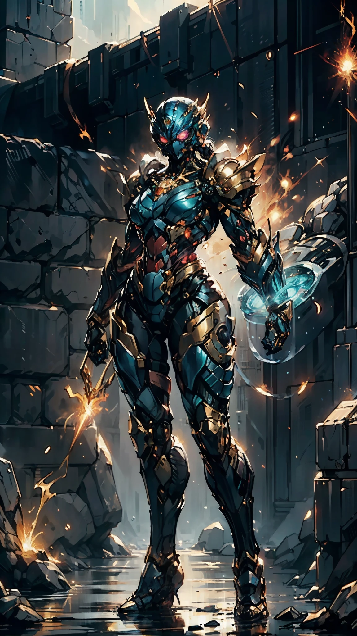 A woman adorned in fantasy-style full-body armor, a crown-concept fully enclosed helmet that unveils only her eyes, a composite layered chest plate, fully encompassing shoulder and hand guards, a lightweight waist armor, form-fitting shin guards, the overall design is heavy-duty yet flexible, (the armor gleams with a golden glow, complemented by red and blue accents), exhibiting a noble aura, she floats above a fantasy-surreal high-tech city, this character embodies a finely crafted fantasy-surreal style armored hero in anime style, exquisite and mature manga art style, (mixture of Queen bee and Spider concept Armor, plasma), ((Element, elegant, goddess, femminine:1.5)), metallic, high definition, best quality, highres, ultra-detailed, ultra-fine painting, extremely delicate, professional, anatomically correct, symmetrical face, extremely detailed eyes and face, high quality eyes, creativity, RAW photo, UHD, 32k, Natural light, cinematic lighting, masterpiece-anatomy-perfect, masterpiece:1.5