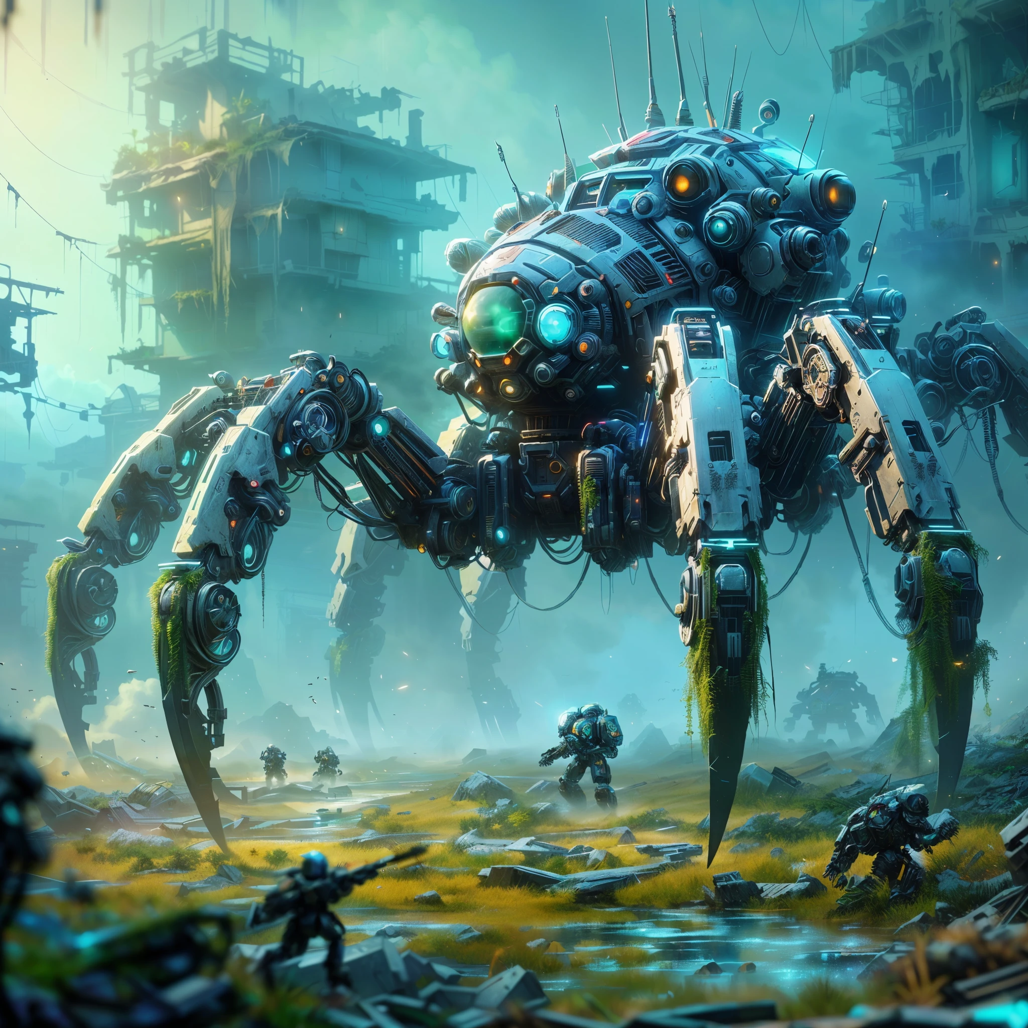 Warhammer 40k,science fiction, weaponized military robotic spider with glass body parts and visible inner workings, patrolling through a destroyed town with overgrown jungle, ultra-detailed, vivid colors, vibrant contrasts, oblique angle, floating particles, kalendermotiv,a close up of a giant spider with many legs and legs, stunning sci-fi concept art, highly realistic concept art, mystical sci-fi concept art, beeple and greg rutkowski, 3 d render beeple, greg beeple, highly detailed concept art, fantastic screenshot art, ultra detailed concept art, by Ludwik Konarzewski Jr