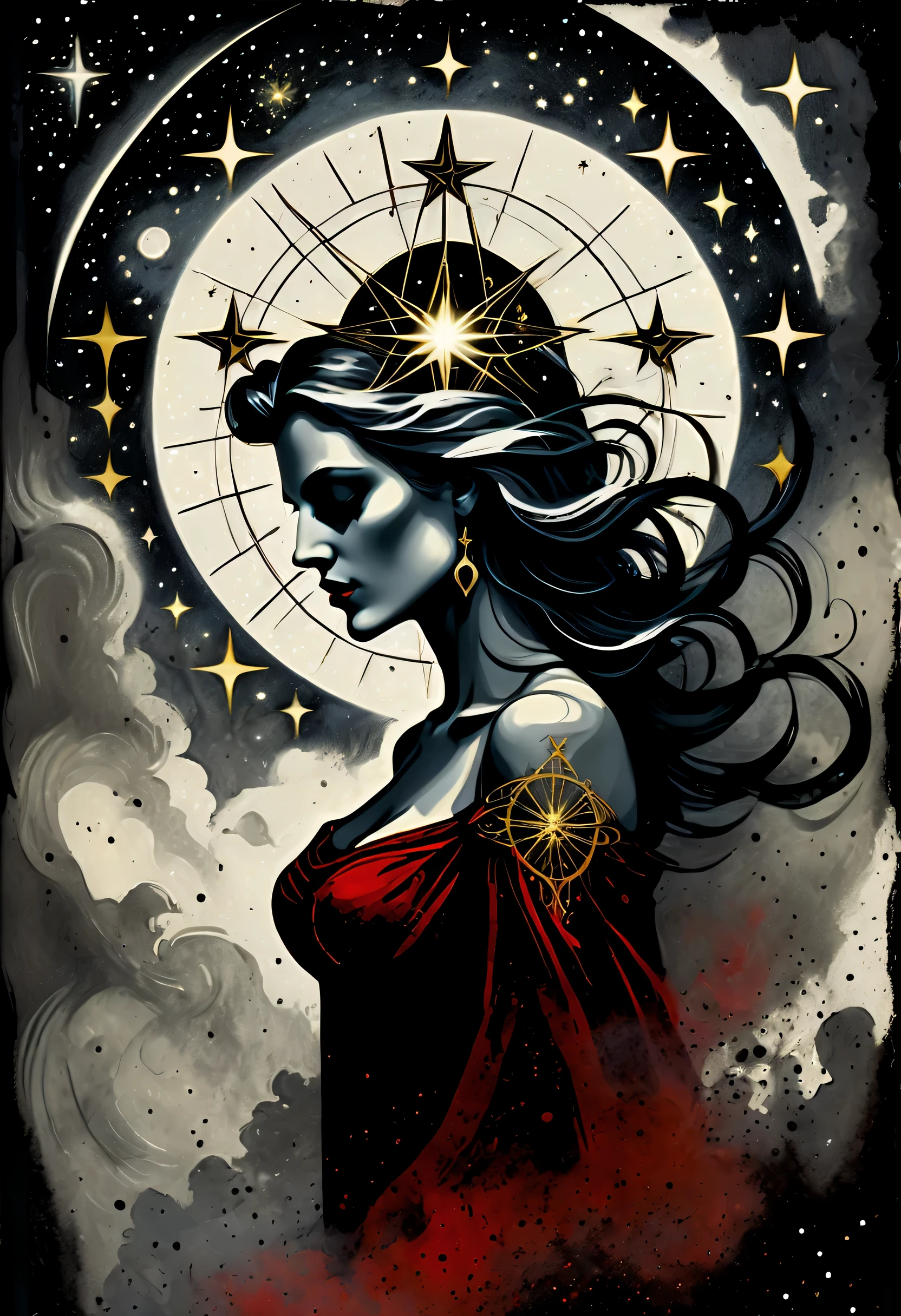 Dark charm enchanting tarot card illustration, Beautiful dark fantasy style hell goddess essence, Grunge oil painting brush strokes depicting intricate details, Especially with carefully handwritten elements, Against the background of disappearing stars and stars that are beginning to shine, very beautiful profile, A goddess with beauty like high moonlight, super detailed illustrations, stunning grunge coating, An image that exudes a sense of awe, Amazing descriptive power, black、red、dim backglow smoke, Atomic level pose,