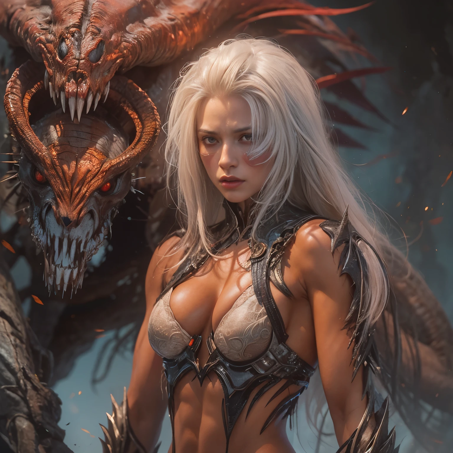 1 female alien, The predator, warrior, (extremely beautiful:1.2), (intense gaze:1.4), (predator:1.1), long dark claws, NSFW,  nipples, thick eyebrows, glowing and shining orange eyes, the most beautiful face in the universe, white hair,

A woman with an extremely beautiful face, her intense gaze fixed on her prey, a primal force that could not be denied.

(extreamly beautiful lean body:1.5), (ultra muscular build:1.2), (prowling:1.3), (sleek movements:1.4),

Her beautiful body, muscular and toned, moved with sleek grace as she prowled, ready to strike at a moment's notice. The predator within her was always on