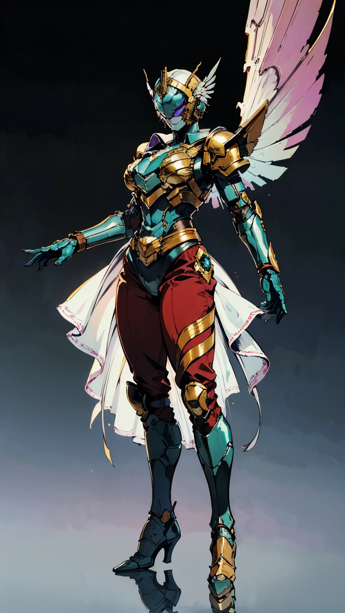 A woman adorned in fantasy-style full-body armor, a crown-concept fully enclosed helmet that unveils only her eyes, a composite layered chest plate, fully encompassing shoulder and hand guards, a lightweight waist armor, form-fitting shin guards, the overall design is heavy-duty yet flexible, (the armor gleams with a golden glow, complemented by red and blue accents), exhibiting a noble aura, she floats above a fantasy-surreal high-tech city, this character embodies a finely crafted fantasy-surreal style armored hero in anime style, exquisite and mature manga art style, (mixture of Queen bee and Spider concept Armor, plasma), ((Element, elegant, goddess, femminine:1.5)), metallic, high definition, best quality, highres, ultra-detailed, ultra-fine painting, extremely delicate, professional, anatomically correct, symmetrical face, extremely detailed eyes and face, high quality eyes, creativity, RAW photo, UHD, 32k, Natural light, cinematic lighting, masterpiece-anatomy-perfect, masterpiece:1.5