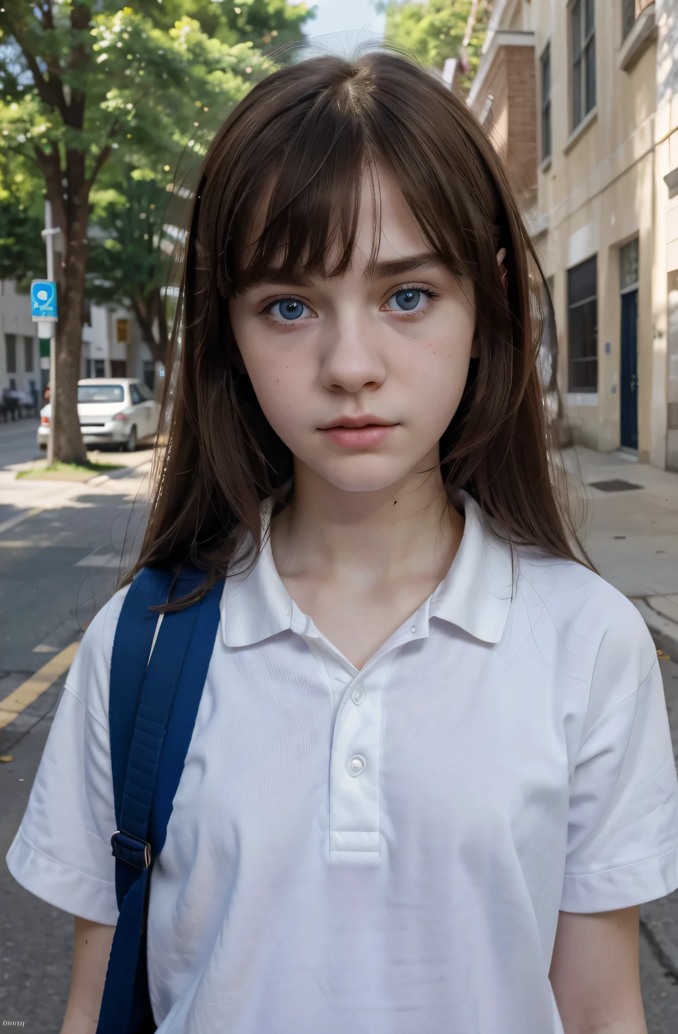 (Mejor calidad,hyper realistic,ultra detallado,8K), adolescente, , shy, triste, palidez, grandes ojos azules, piel muy blanca, small nose, short brown hair with bangs, melancholia, Hermoso uniforme escolar, dia de la calle.