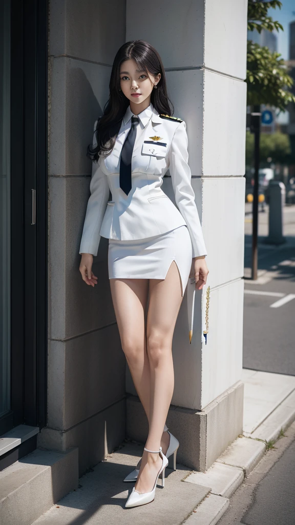 16K, ((women's suit cover, black high heels)), Beautiful girl with long hair, mature woman, perfect body, (((Starlight uniform white))), golden shoulder board, ((Outer suit covered over)), (White Shirt), (black tie), (Military rank insignia), (pencil skirtสั้นwhite), (Dynamic Post), full body, (Huge breasts, small waist, Thin, small thighs), Can see the whole body, Firm figure, (Starlight uniform), white, (pencil skirt, white), (Yard in front of the building, Democracy Monument), (High heels black, tie a necktie), Women's suit, Women's suit white