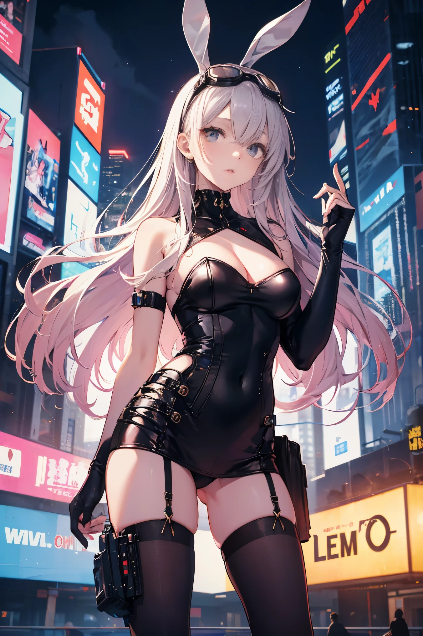 High quality、highest quality、complete limbs、Ultra high definition、Sparkling eyes、full finger、slender beauty、knee high、Wearing revealing clothes、cyberpunk style、near future、Bunny girl、goggles
