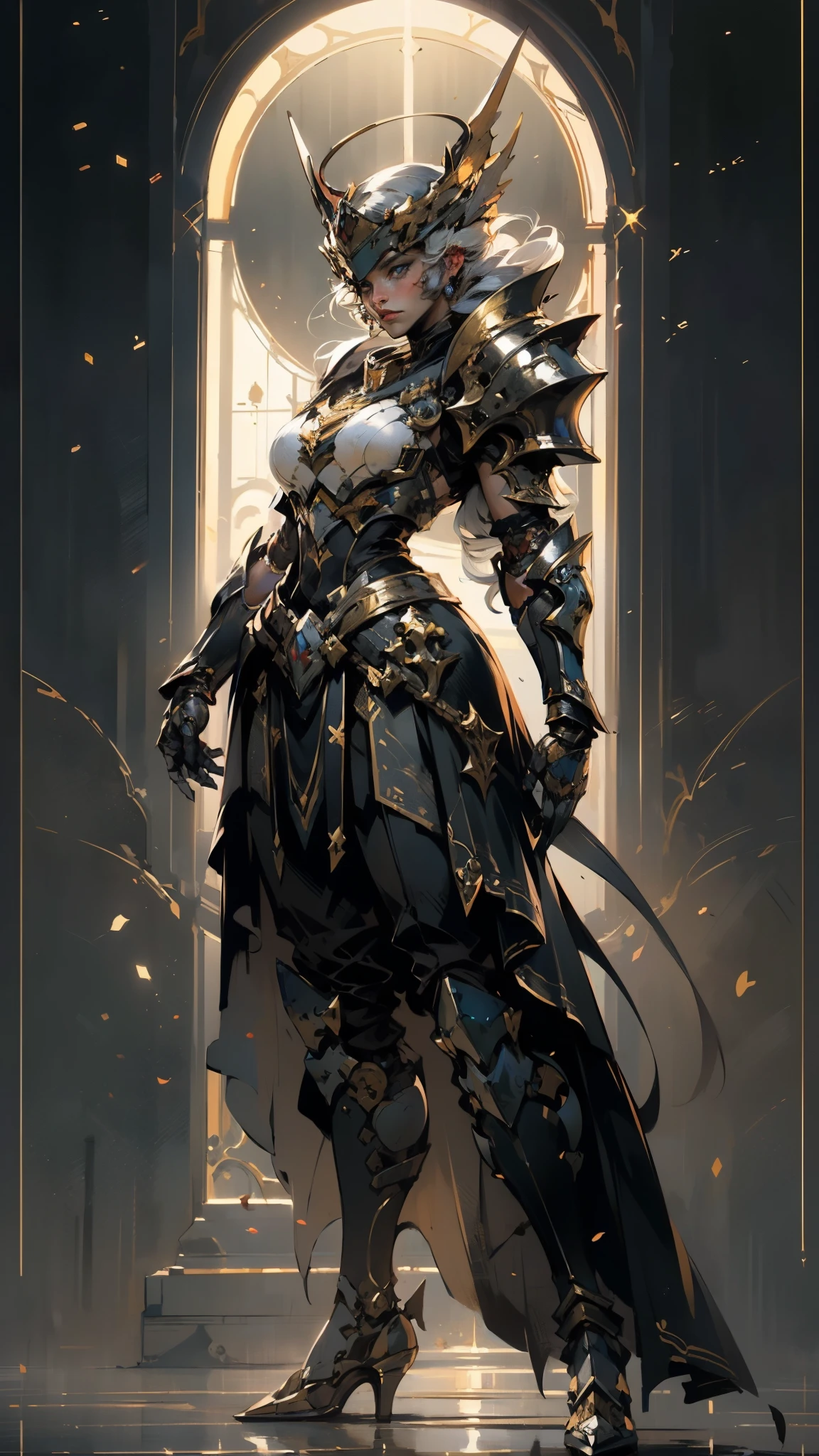 A woman adorned in fantasy-style full-body armor, a crown-concept fully enclosed helmet that unveils only her eyes, a composite layered chest plate, fully encompassing shoulder and hand guards, a lightweight waist armor, form-fitting shin guards, the overall design is heavy-duty yet flexible, (the armor gleams with a golden glow, complemented by red and blue accents), exhibiting a noble aura, she floats above a fantasy-surreal high-tech city, this character embodies a finely crafted fantasy-surreal style armored hero in anime style, exquisite and mature manga art style, (mixture of Queen bee and Spider concept Armor, plasma), ((Element, elegant, goddess, femminine:1.5)), metallic, high definition, best quality, highres, ultra-detailed, ultra-fine painting, extremely delicate, professional, anatomically correct, symmetrical face, extremely detailed eyes and face, high quality eyes, creativity, RAW photo, UHD, 32k, Natural light, cinematic lighting, masterpiece-anatomy-perfect, masterpiece:1.5