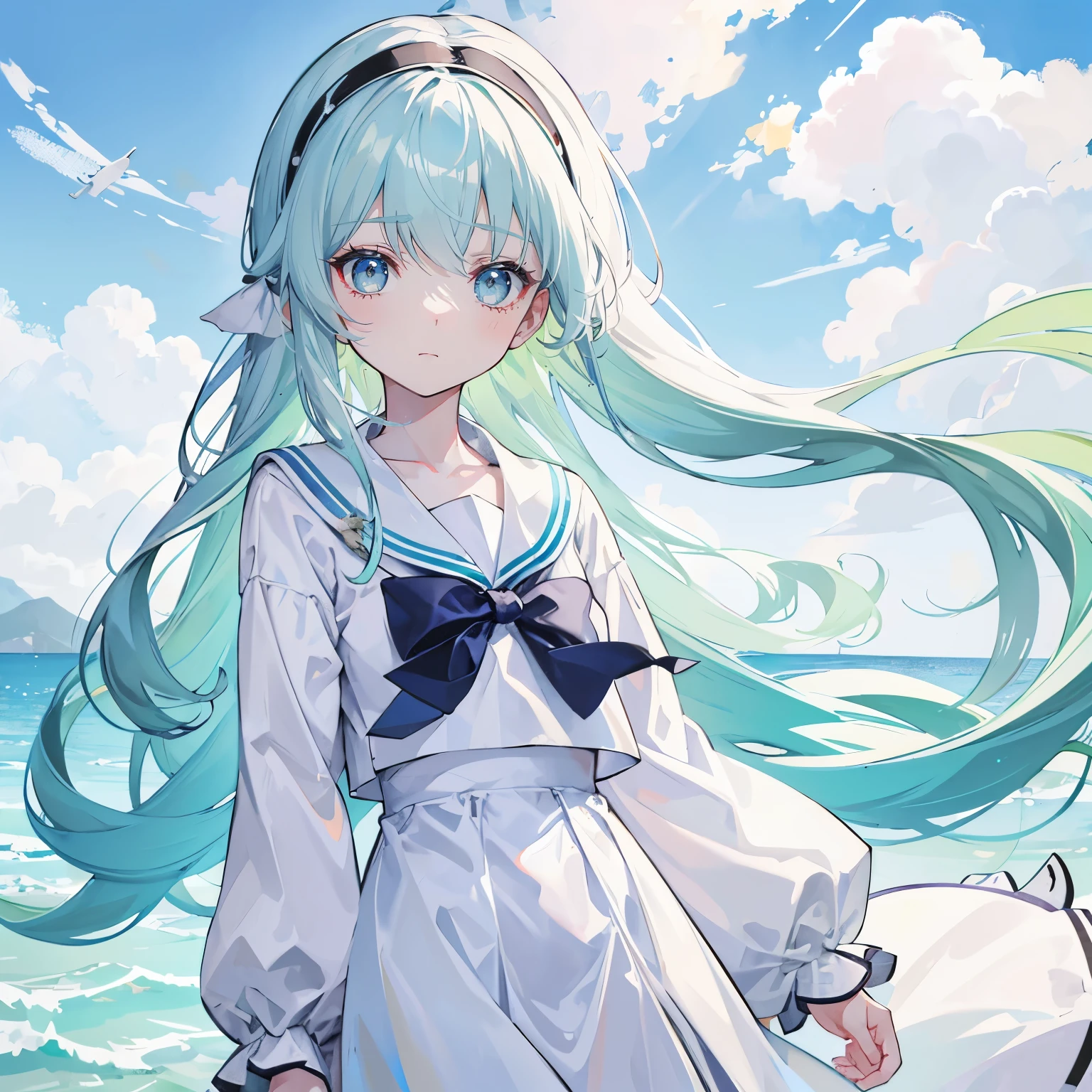 White color hair,long hair,Bangs,Bangs整齐,green hairband,gray eyes,girl,cute,The body is very thin, JK sailor suit,The background is blue sky and white clouds