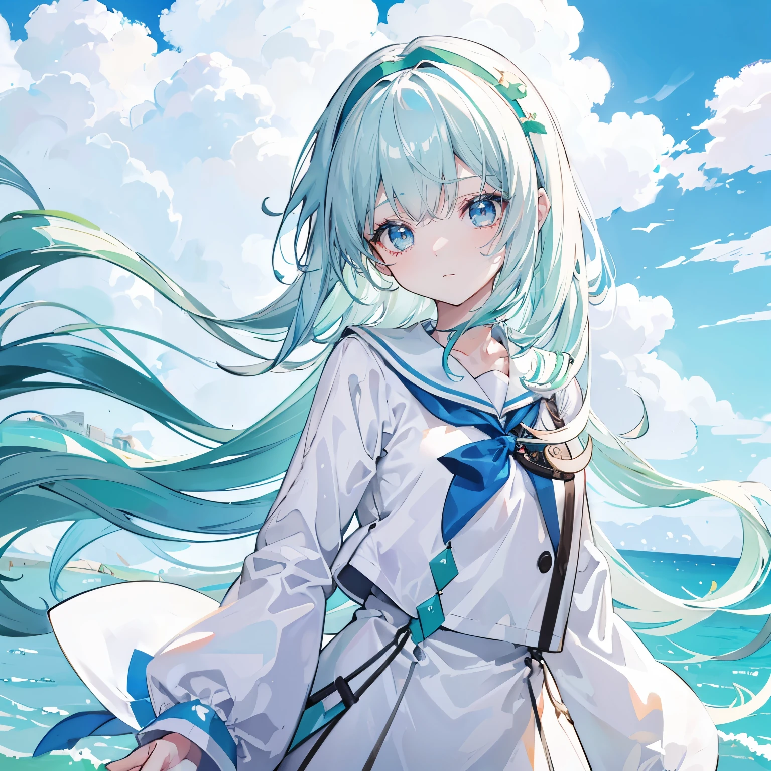 White color hair,long hair,Bangs,Bangs整齐,green hairband,gray eyes,girl,cute,The body is very thin, JK sailor suit,The background is blue sky and white clouds