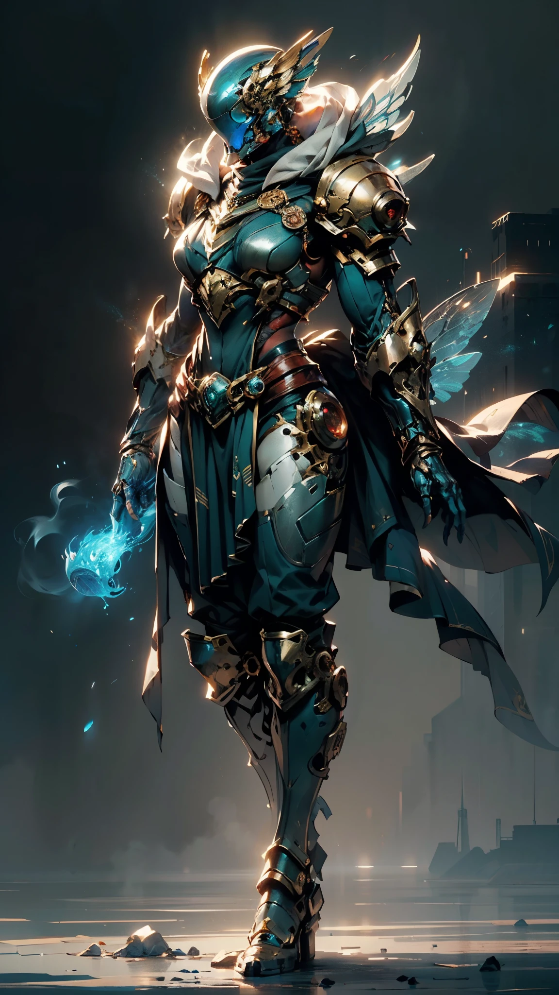 A woman adorned in fantasy-style full-body armor, a crown-concept fully enclosed helmet that unveils only her eyes, a composite layered chest plate, fully encompassing shoulder and hand guards, a lightweight waist armor, form-fitting shin guards, the overall design is heavy-duty yet flexible, (the armor gleams with a golden glow, complemented by red and blue accents), exhibiting a noble aura, she floats above a fantasy-surreal high-tech city, this character embodies a finely crafted fantasy-surreal style armored hero in anime style, exquisite and mature manga art style, (mixture of Queen bee and Spider concept Armor, plasma), ((Element, elegant, goddess, femminine:1.5)), metallic, high definition, best quality, highres, ultra-detailed, ultra-fine painting, extremely delicate, professional, anatomically correct, symmetrical face, extremely detailed eyes and face, high quality eyes, creativity, RAW photo, UHD, 32k, Natural light, cinematic lighting, masterpiece-anatomy-perfect, masterpiece:1.5