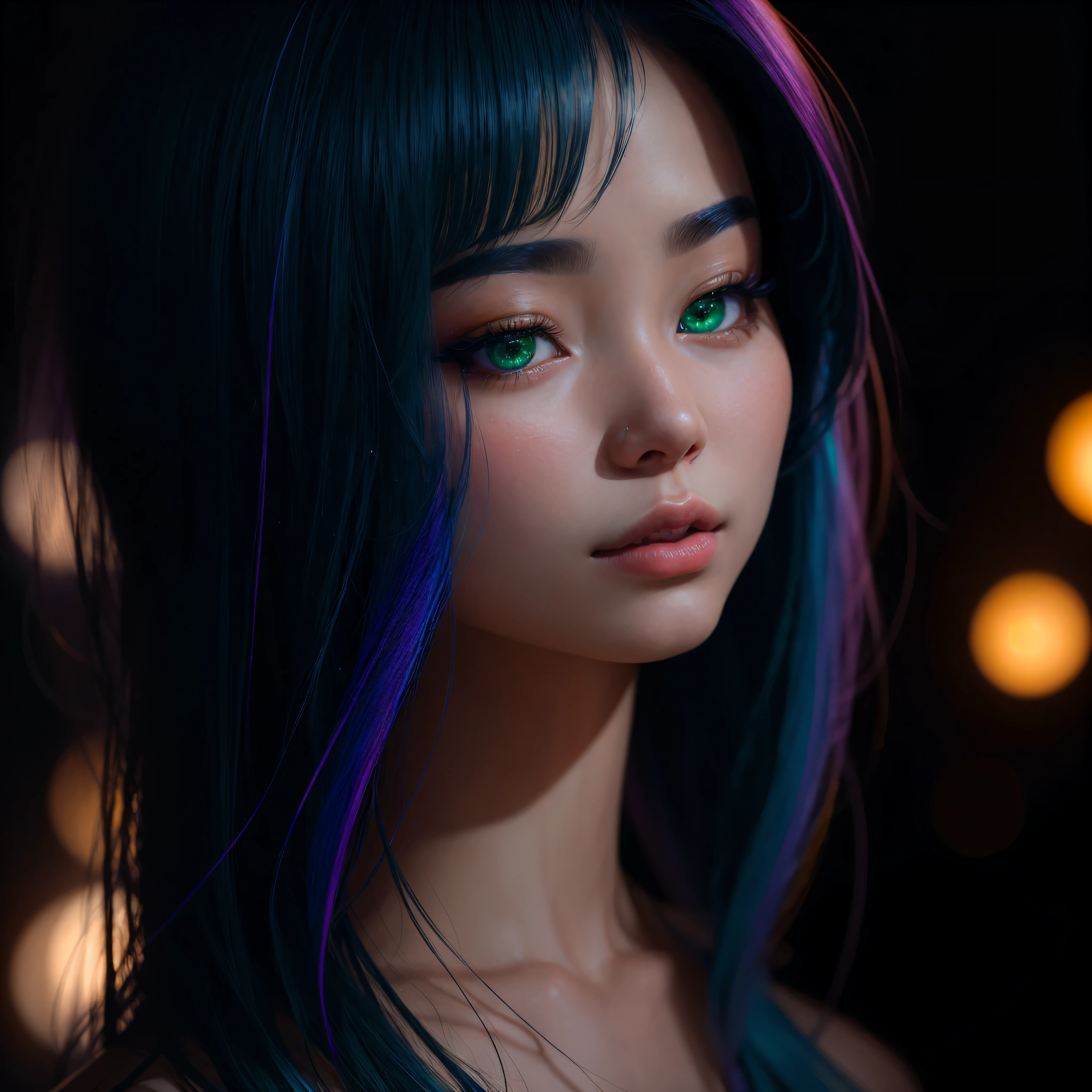 A stunningly realistic Portrait of a beautiful Japanese girl comes to life through the lens of the RealisticVision4 model. Her captivating features are accentuated by the vividness of her yellow,violet,green neon hair, which shimmers under volumetric lighting. With each strand meticulously crafted, the level of detail is nothing short of ultra-detailed and ultra-sharp. The provenance of this masterpiece lies in its striking, gorgeous eyes, which emit an enchanting allure. The image radiates in 8k resolution, providing a high-definition viewing experience that highlights the soulful essence of this ethereal beauty.