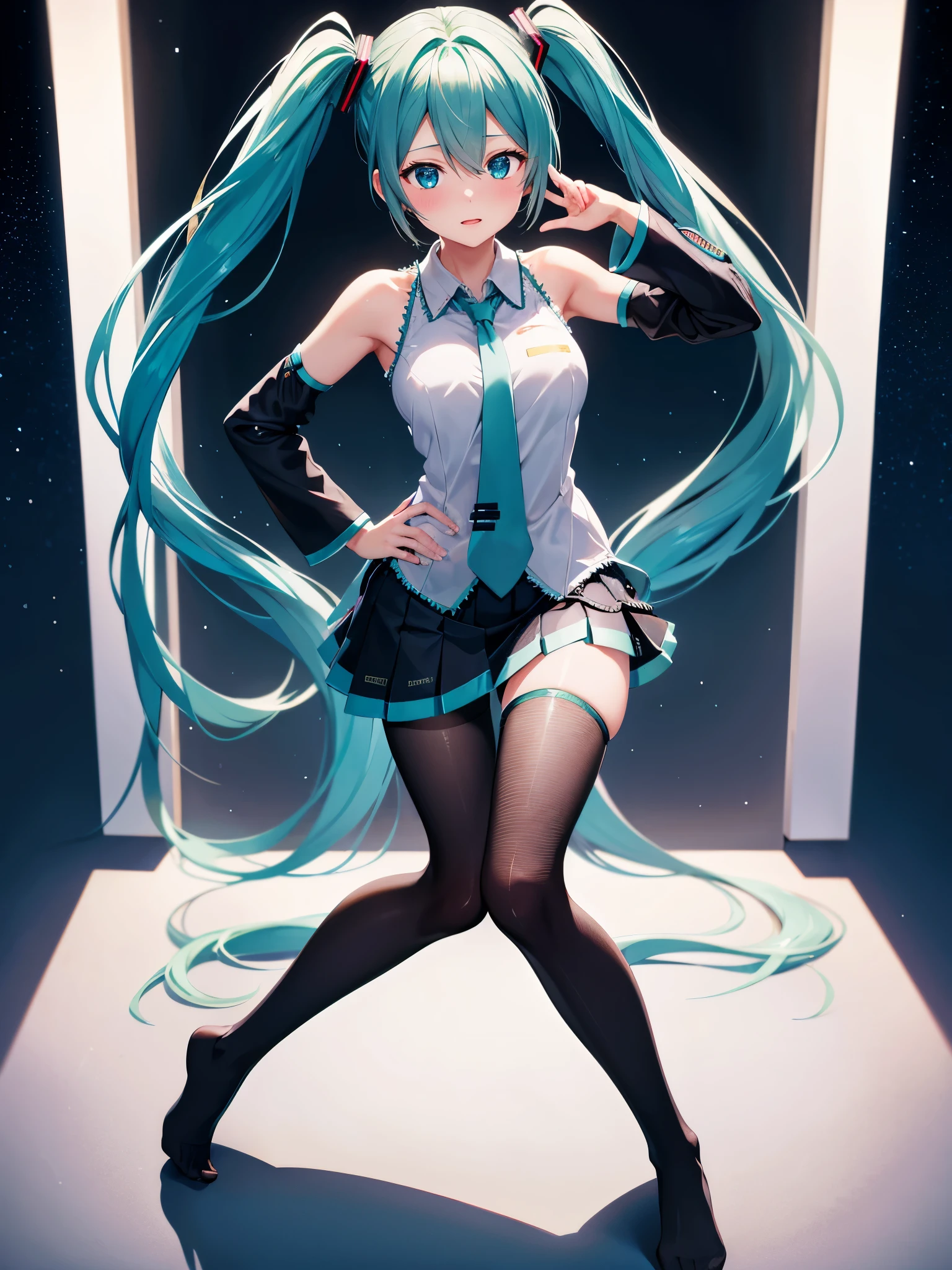 (1 girl),(high quality), (High resolution), (extremely detailed), (8K),(focus on lower body),(CG),Hatsune Miku、Gravure idol、Magic Knight、magic swordsman、Magic Mentor、school uniform、sexy panties、(black pantyhose:1.2)、erect nipple shape、No shoes、(neutral white lighting),sexy pose、showing panties