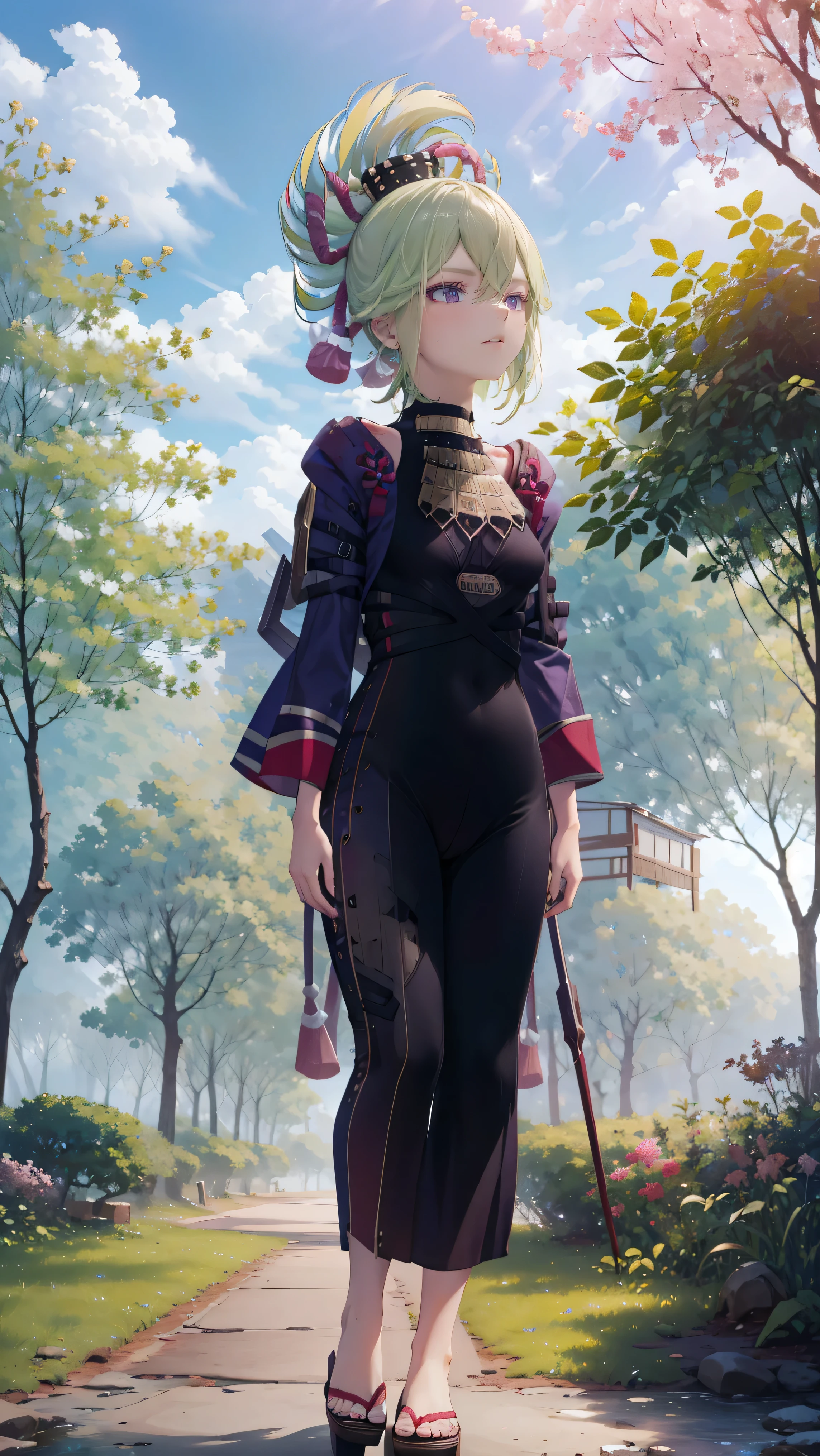 masterpiece, best quality, purah, red glasses, hair ornament, hair stick, red headband, white shirt, white jacket, black skirt, orange leggings, high heels, standing, smile, from behind, looking back, thick thighs, garden, hands to hips