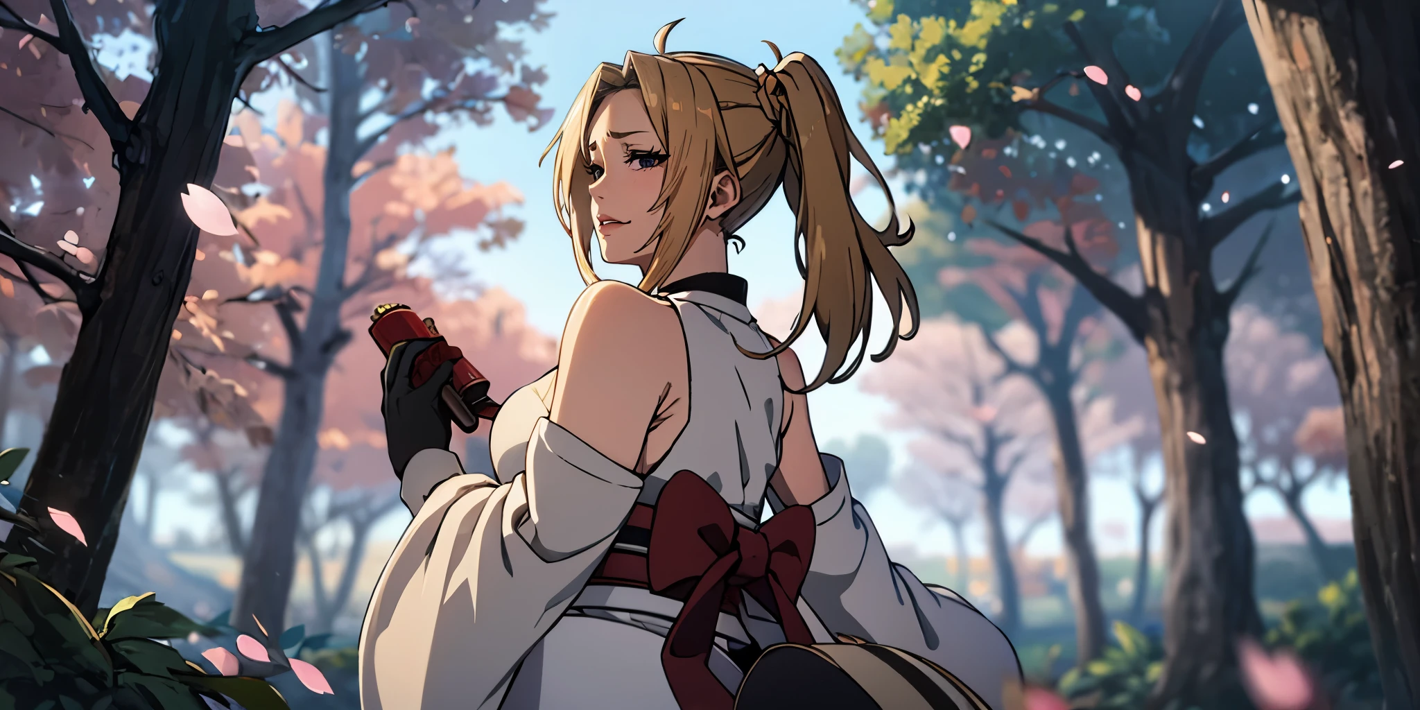 (blonde hair:1.4), blue eyes, low ponytail, (plump:1.2), 1girl, tree, cherry_blossoms, flower, solo, breasts, looking_at_viewer, hair_flower, looking_back, bare_shoulders, detached_sleeves, outdoors, tree_branch, large_breasts, day, petals, gloves, choker, japanese_clothes, wide_sleeves, sky, from_behind, wind, hakama, standing, 