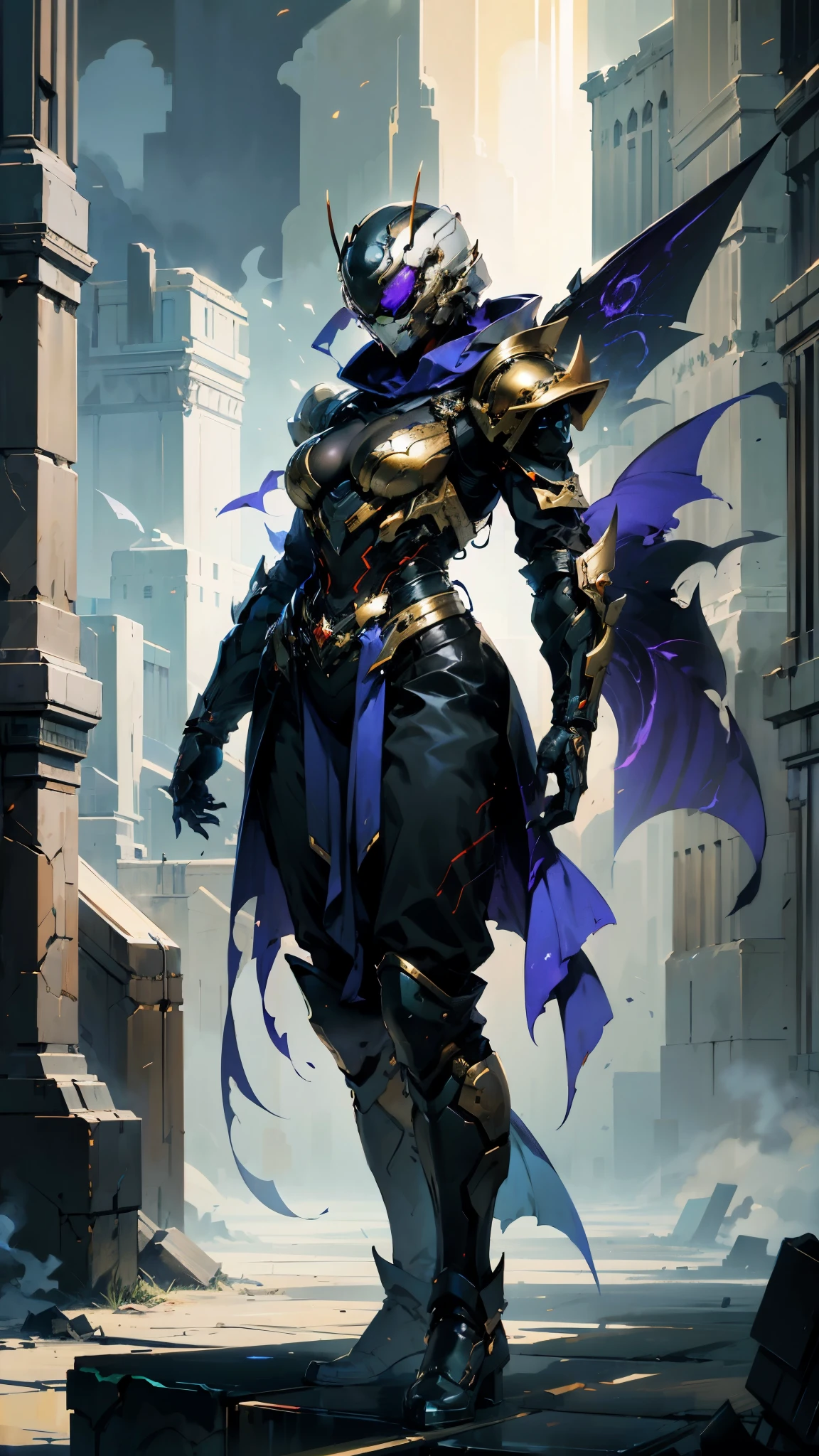 A woman adorned in fantasy-style full-body armor, a crown-concept fully enclosed helmet that unveils only her eyes, a composite layered chest plate, fully encompassing shoulder and hand guards, a lightweight waist armor, form-fitting shin guards, the overall design is heavy-duty yet flexible, (the armor gleams with a golden glow, complemented by red and blue accents), exhibiting a noble aura, she floats above a fantasy-surreal high-tech city, this character embodies a finely crafted fantasy-surreal style armored hero in anime style, exquisite and mature manga art style, (mixture of Queen bee and Spider concept Armor, plasma), ((Element, elegant, goddess, femminine:1.5)), metallic, high definition, best quality, highres, ultra-detailed, ultra-fine painting, extremely delicate, professional, anatomically correct, symmetrical face, extremely detailed eyes and face, high quality eyes, creativity, RAW photo, UHD, 32k, Natural light, cinematic lighting, masterpiece-anatomy-perfect, masterpiece:1.5