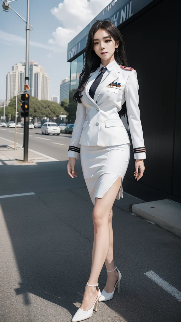 16K, ((women's suit cover, black high heels)), Beautiful girl with long hair, mature woman, perfect body, (((Starlight uniform white))), golden shoulder board, ((Outer suit covered over)), (White Shirt), (black tie), (Military rank insignia), (pencil skirtสั้นwhite), (Dynamic Post), full body, (Huge breasts, small waist, Thin, small thighs), Can see the whole body, Firm figure, (Starlight uniform), white, (pencil skirt, white), (Yard in front of the building, Democracy Monument), (High heels black, tie a necktie), Women's suit, Women's suit white