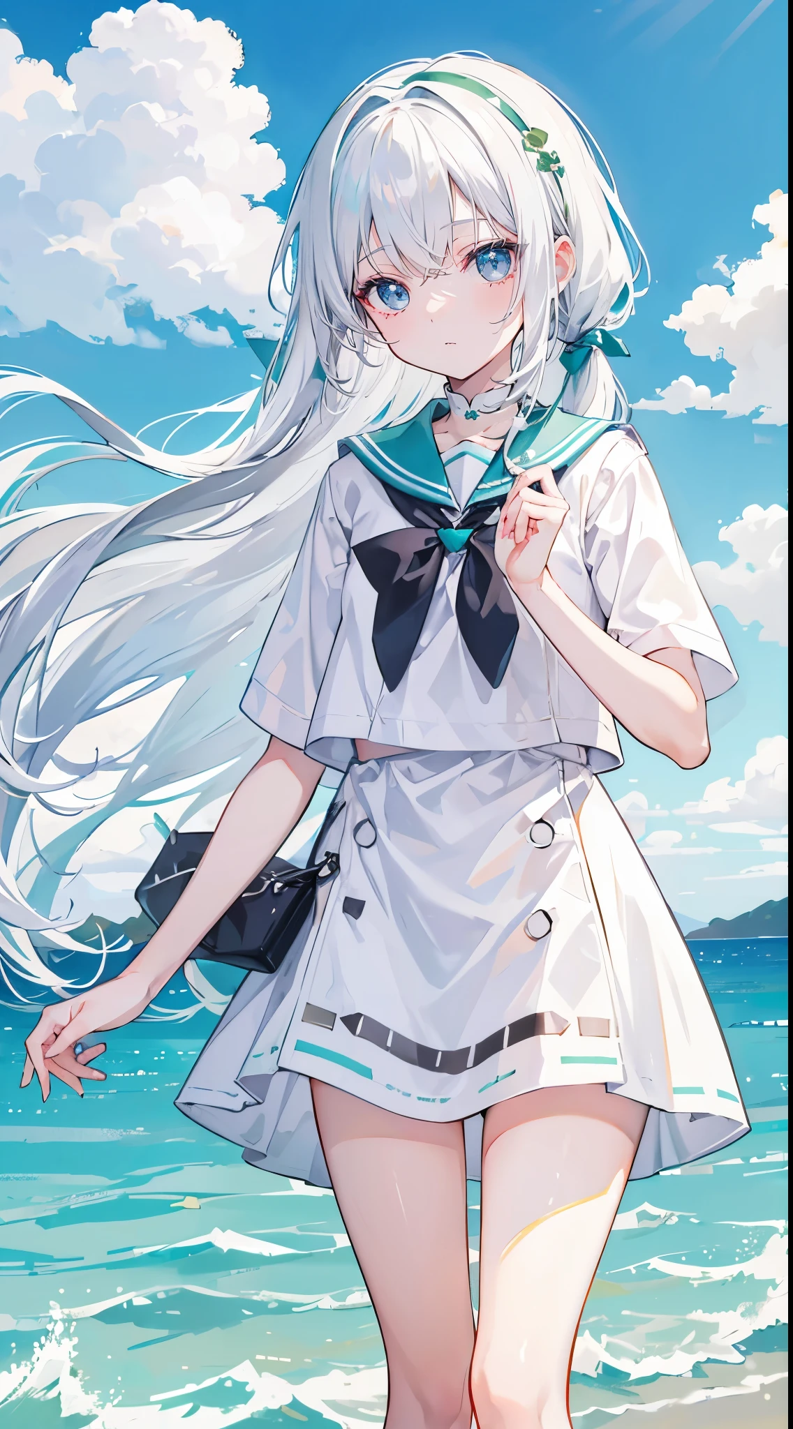 White color hair，long hair，Bangs，Bangs整齐，green hairband，gray eyes，girl，cute，The body is very thin， JK sailor suit，The background is blue sky and white clouds