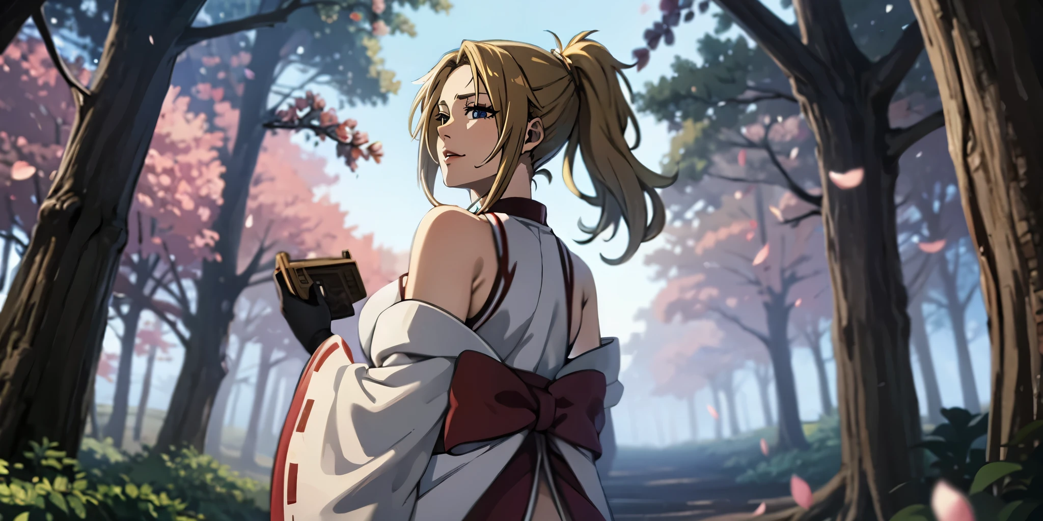 (blonde hair:1.4), blue eyes, low ponytail, (plump:1.2), 1girl, tree, cherry_blossoms, flower, solo, breasts, looking_at_viewer, hair_flower, looking_back, bare_shoulders, detached_sleeves, outdoors, tree_branch, large_breasts, day, petals, gloves, choker, japanese_clothes, wide_sleeves, sky, from_behind, wind, hakama, standing, 