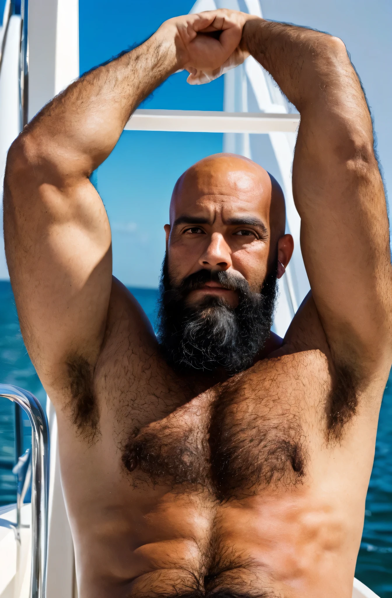 Hiperrealismo, hiperdetallado, colores naturales, luz tenue, 40 year old man, musculoso, alto, cuerpo peludo, pecho peludo, virilidad, Tenemos un yate, summer day, actor porno gay, muy sexual y guapo, calvo con barba negra, desnudo, sensual, luz natural, Colores realistas.