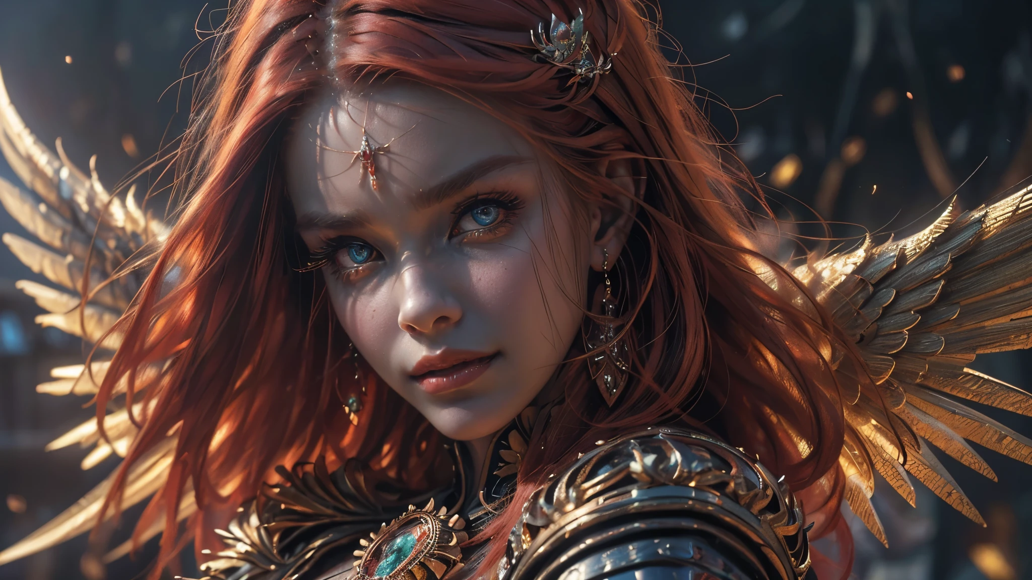 (1 beautiful woman, perfect, russian woman, alone, red hair, demon, angel, wings, dark, god, detailed clothes, hell, gold, majestic view, beatiful clothes, light smile, looking at the viewer, (medieval world), (Surrealism, depth of field, cinematic lighting, ray tracing, 135mm, close-up, dramatic pose, digital art, dramatic photo, symmetrical eyes, complex background), (masterpiece, textured skin, super detail, award winning, best quality, 16k, HDR),
