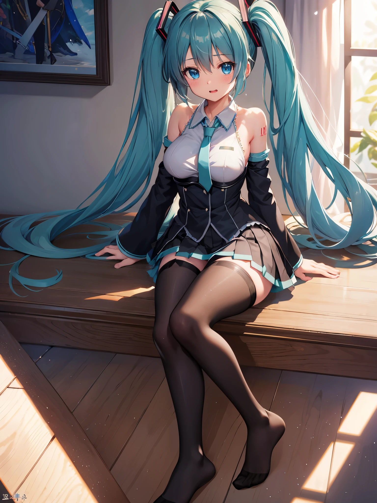 (1 girl),(high quality), (High resolution), (extremely detailed), (8K),(focus on lower body),(CG),(Hatsune Miku)、Gravure idol、Magic Knight、magic swordsman、Magic Mentor、school uniform、sexy panties、(black pantyhose:1.2)、erect nipple shape、No shoes、(neutral white lighting),sexy pose、showing panties