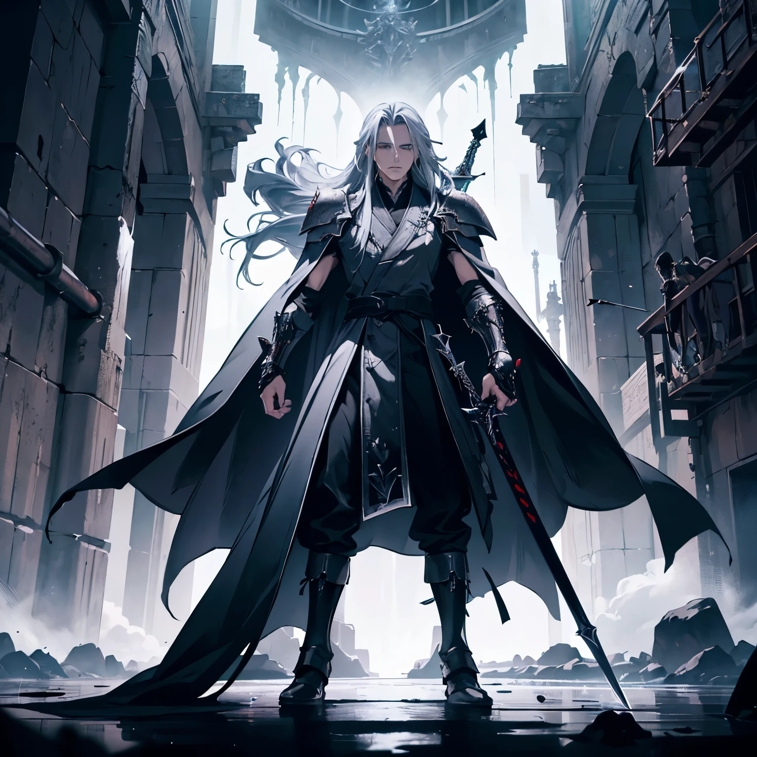 (best quality, highres), Sephiroth form ffvii, wearing robe, holding a sword, battle stance, detailed armor, flowing cape, intense eyes, long silver hair, menacing expression, dark and gritty, dramatic lighting, smoke and shadows, dynamic poses, intricate details in the armor, epic fantasy artwork, vibrant colors, stylized background
