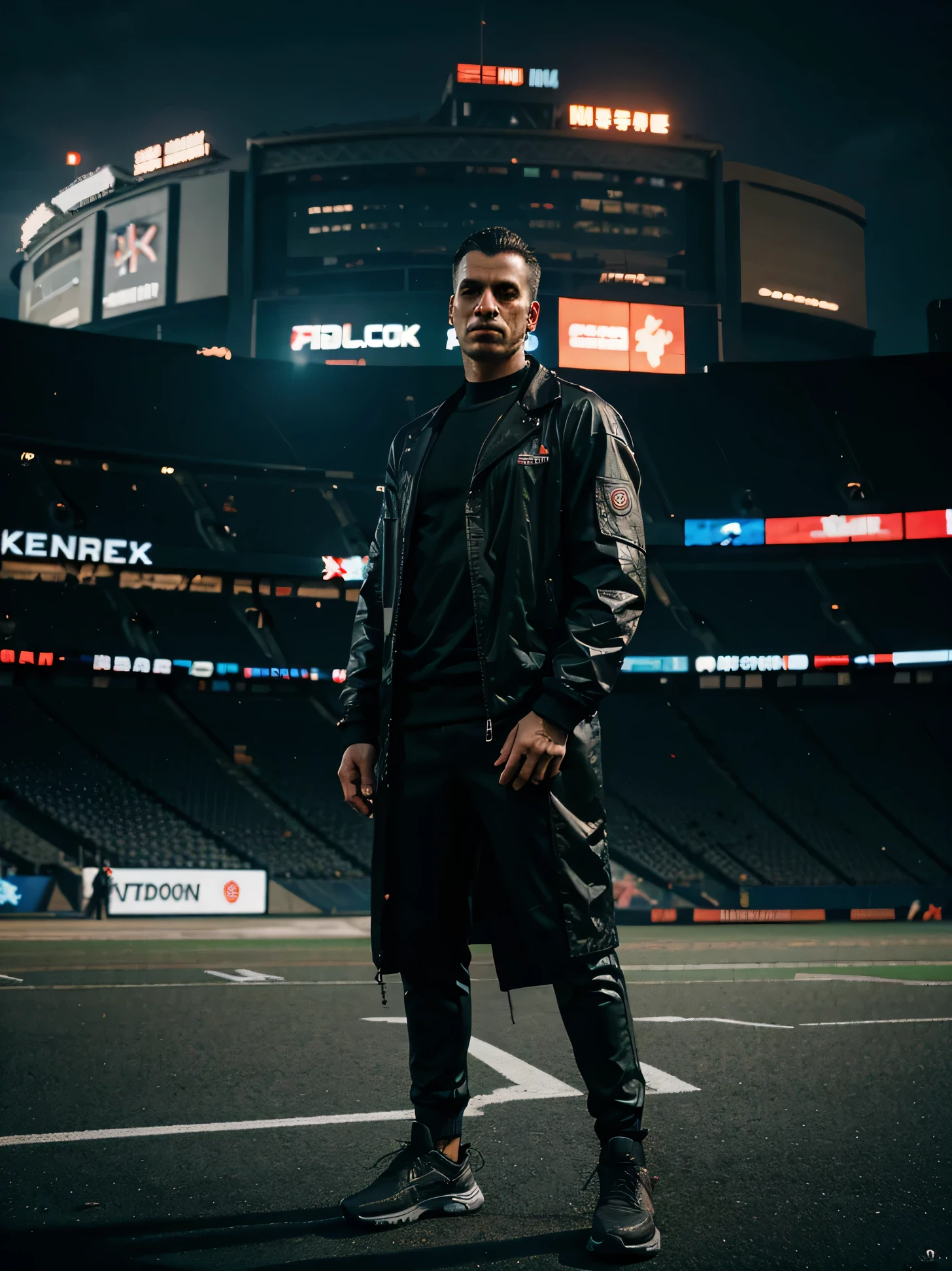 Man in cyberpunk clothes, standing in front of the stadium, Full HD