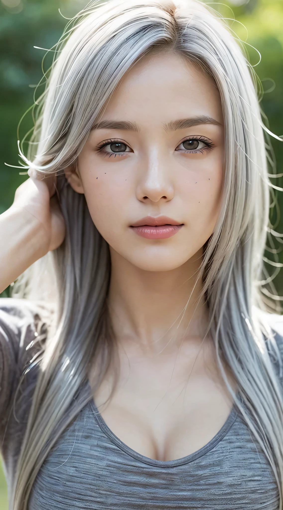 (photo actual:1.4), (hyper actual:1.4), (actual:1.3), (Smoother lighting:1.05), (Improve film lighting quality:0.9), 32k, 1 girl, 19 year old girl, Height 172 cm, Bust 34D, ((Long silver hair )), actual lighting, backlight, There is light on the face, Ray tracing, (bright light:1.2), (quality improvement:1.4), (The best quality real skin texture:1.4), delicate eyes, Delicate face, good quality (gray eyes), (Tired, sleepy and satisfied:1.0), face close-up, t-shirt, (Increase body line emotions:1.1), (Increase the beauty of skin texture:1.1)