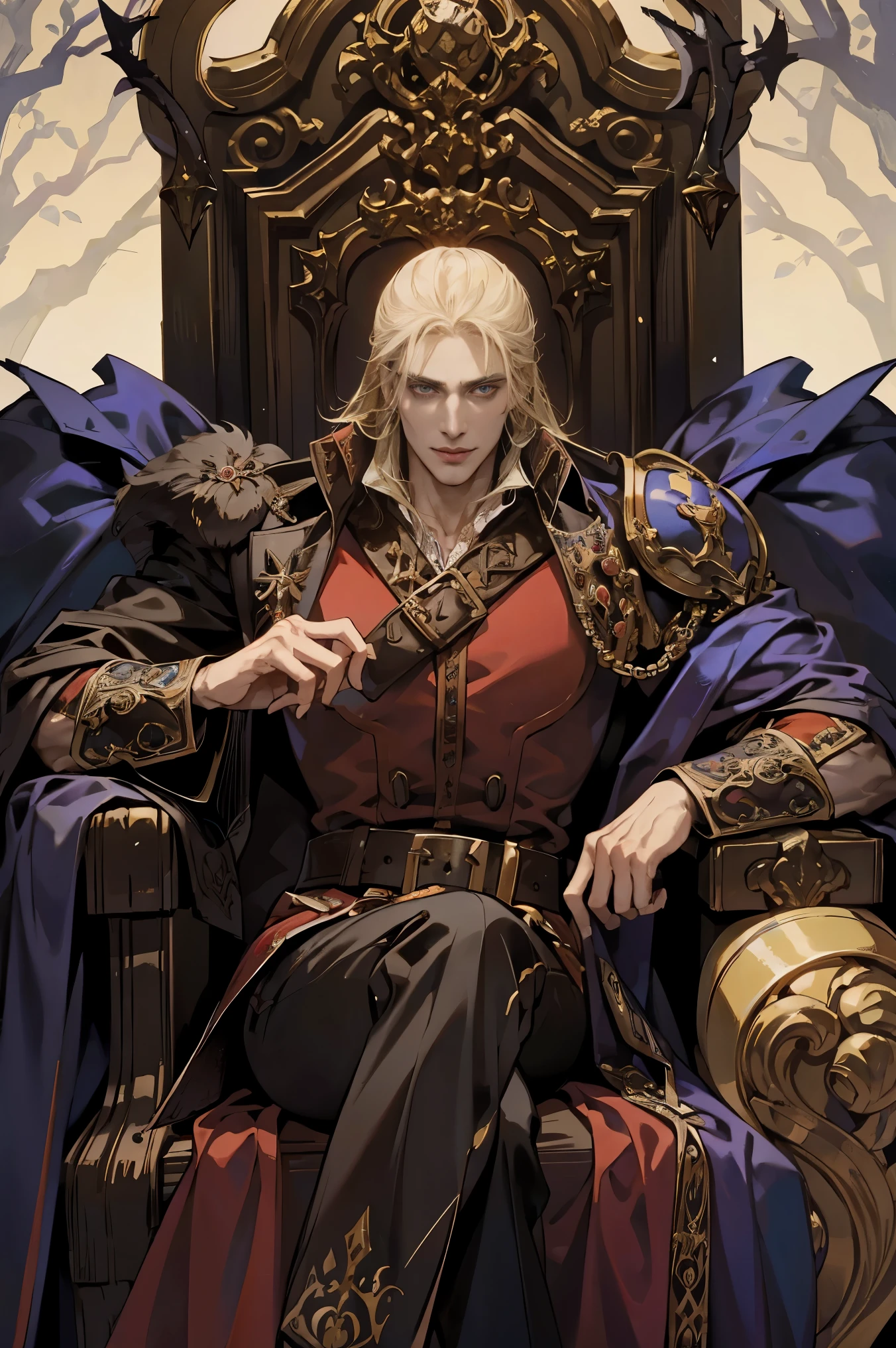 Castlevania Shadow Lord Handsome Lord Muscular Dracula Chatting in Throne Room with Male Advisors Around Him Surreal Ultra Detailed Dynamic Poses Ultra Detailed Faces Surreal Ultra Detailed Scene Epic Legend Perspective Environment